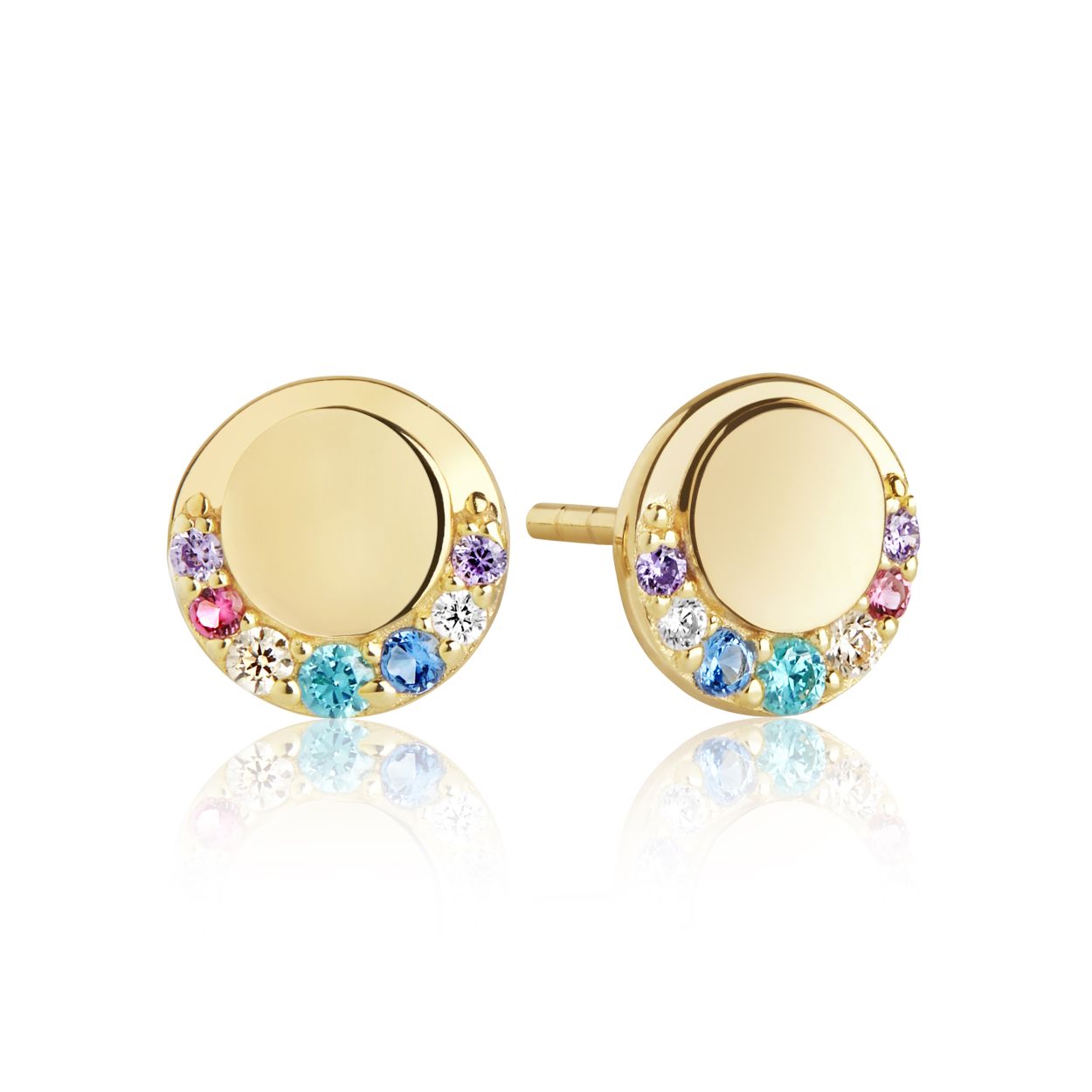 Goudkleurige oorstekers met multi-color zirkonium van Sif Jakobs - Collectie: Portofino Piccolo - Materiaal: zilver, verguld met 18 kt goud en multicolor zirkonium - Diameter: 8 mm - Breedte: 2 mm