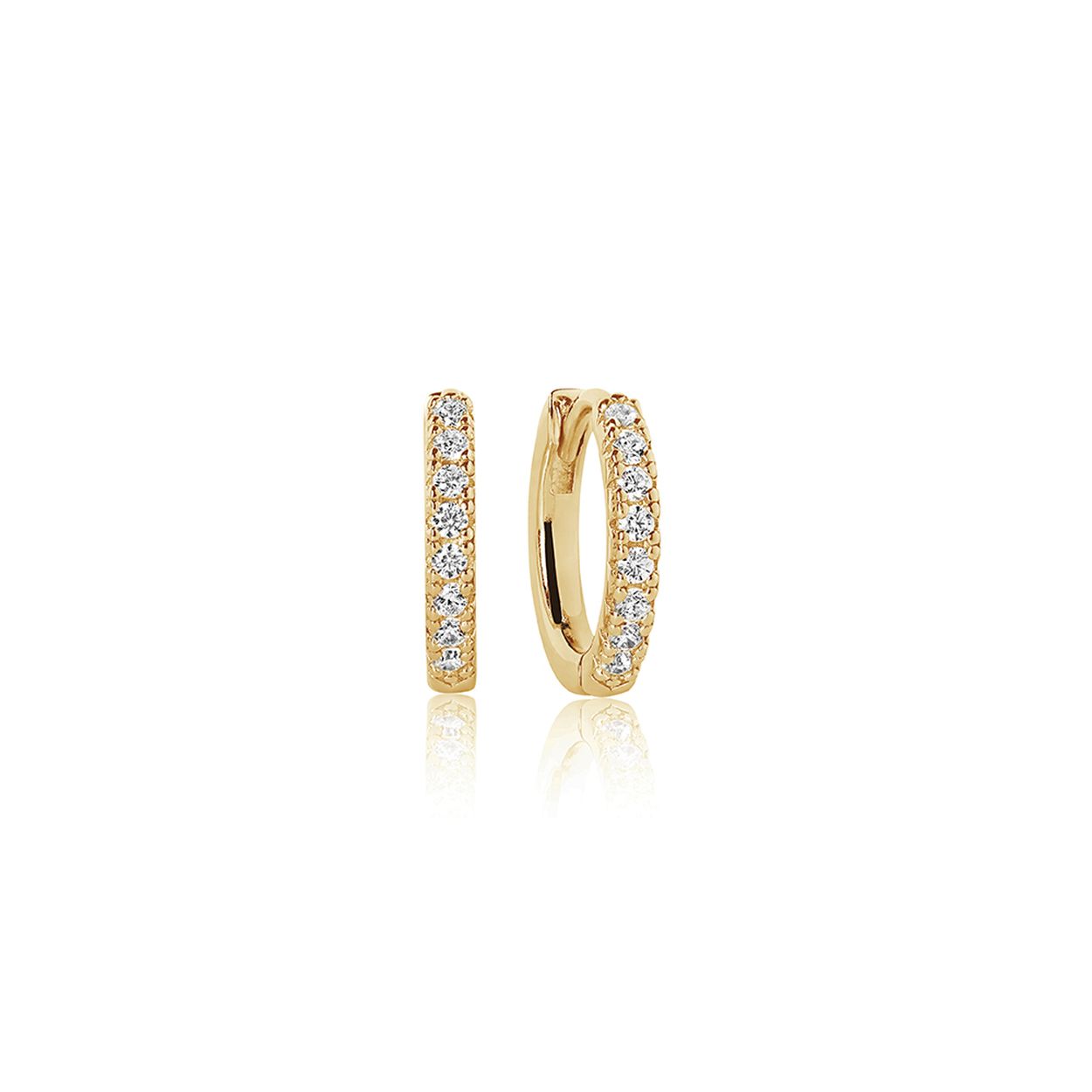 Zilveren oorringen, verguld met 18 kt - Met witte zirkonium steentjes vooraan - 2 mm breed, diameter: 14 mm