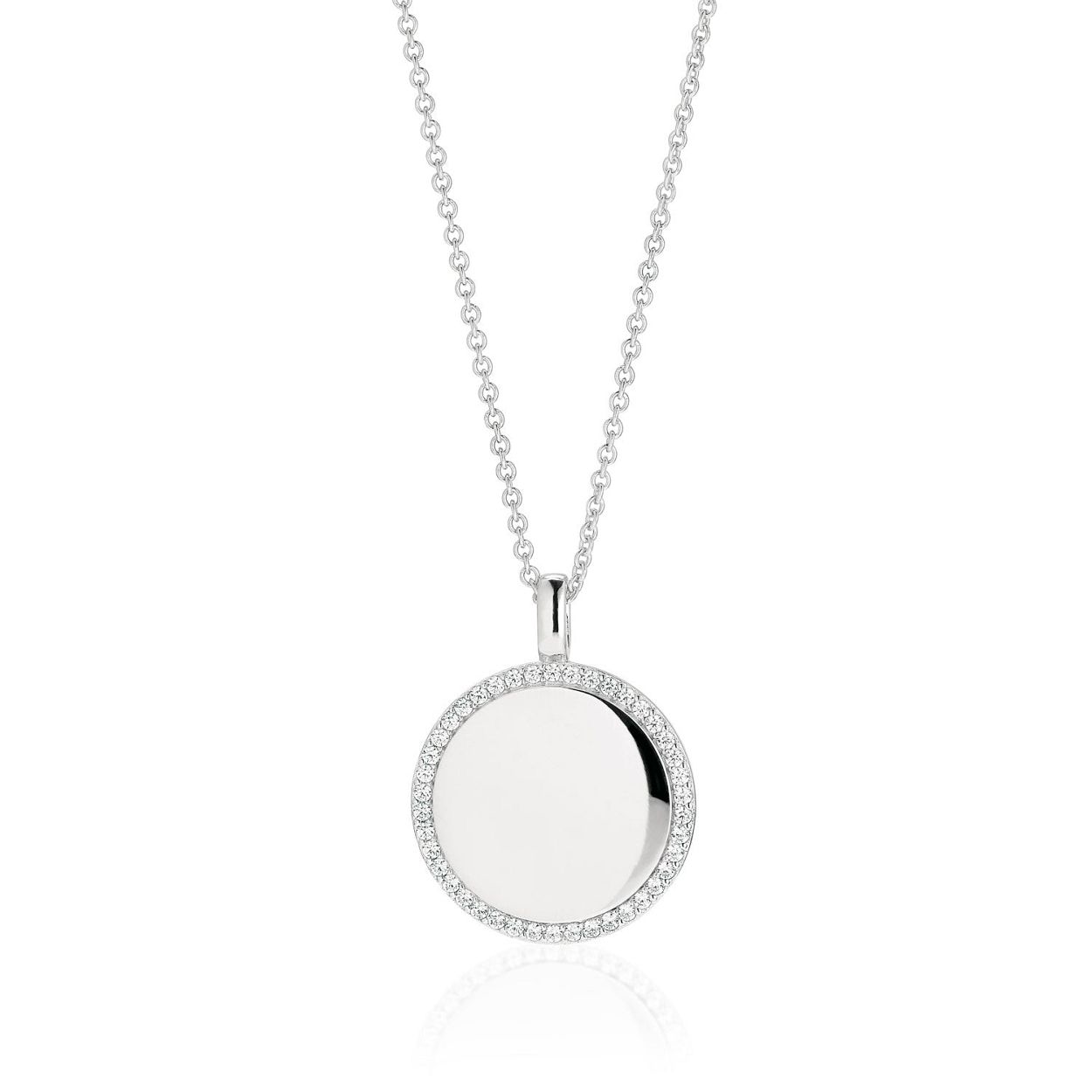 Pendant made of 925 Sterling silver with rhodium, polished surface and facet cut white zirconia.

Pendant measurements: Diameter 20 mm, thickness 1,7 mm