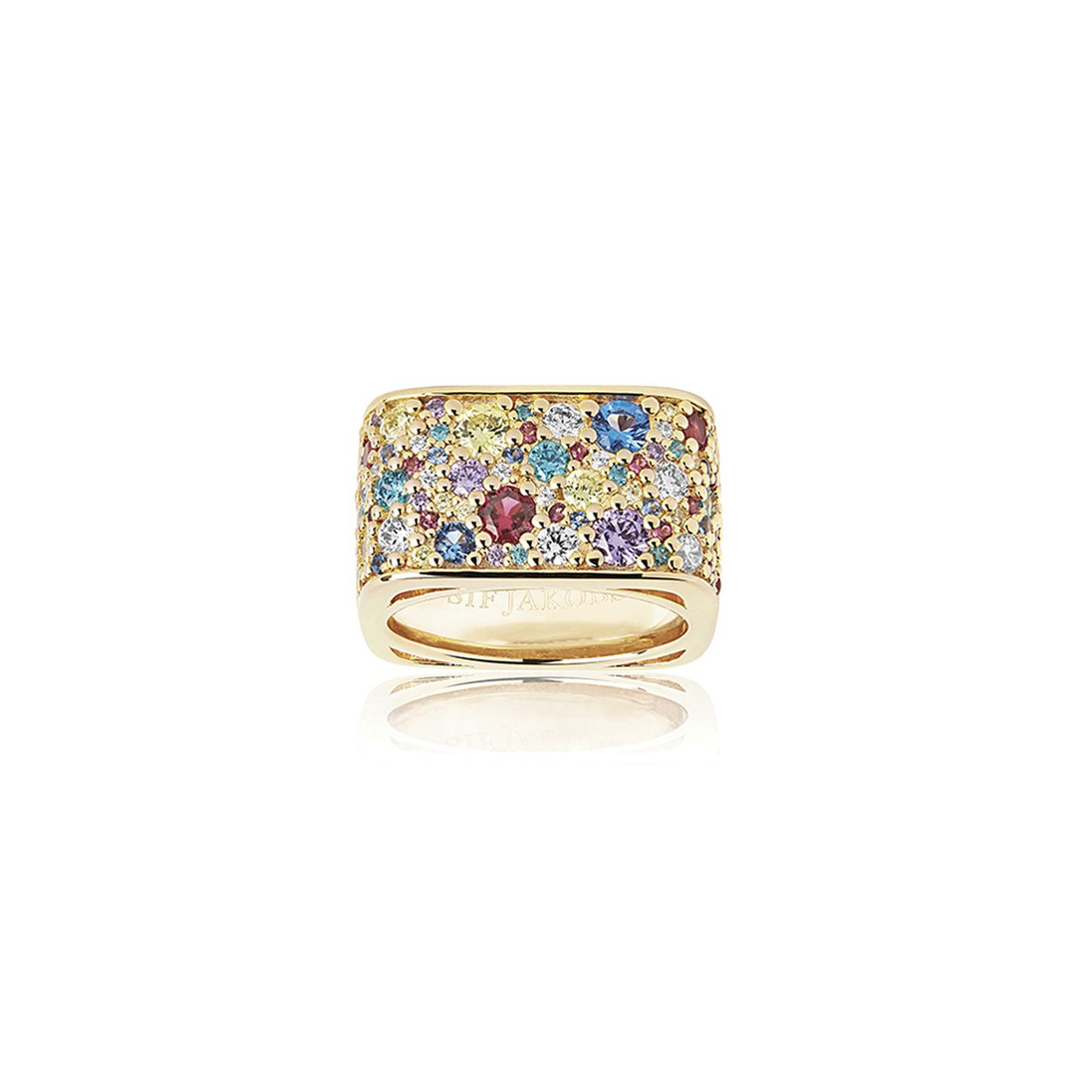 Vierkante ring met multicolor zirkonium. Materiaal: 925 sterling zilver. 12 mm hoog. Maat 56