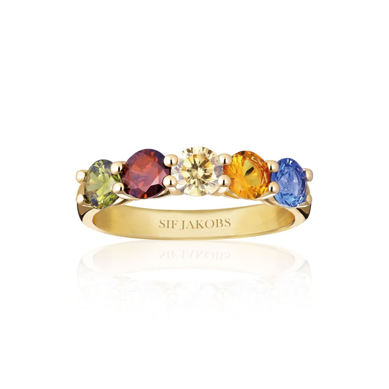 Goudkleurige ring met multi-color zirkonium uit de 'Belluno' collectie van Sif Jakobs
Materiaal: 925 zilver, verguld met 18 kt
Maat: 54 (ook verkrijgbaar in andere maten)
Bijpassende oorbellen ook verkrijgbaar