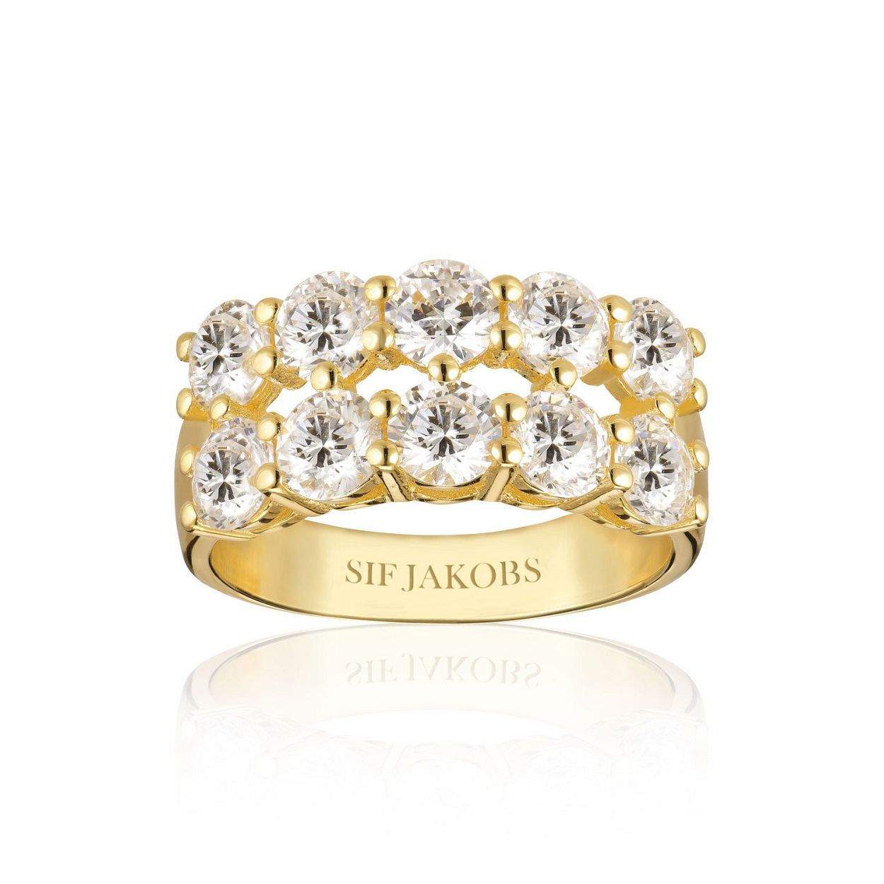 Ring made of 18 karat gold plated 925 Sterling silver, polished surface with facet cut white zirconia.

Ring measurements: Width 9 mm, thickness 1,2 mm