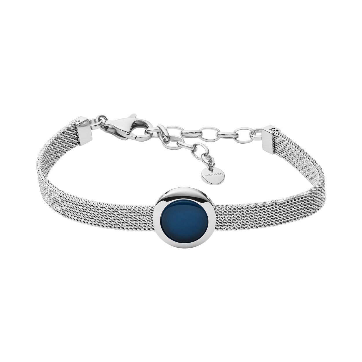 Dit is een armband van het merk Skagen voor dames. De kleur is zilver en het is gemaakt van roestvrij staal, mesh.