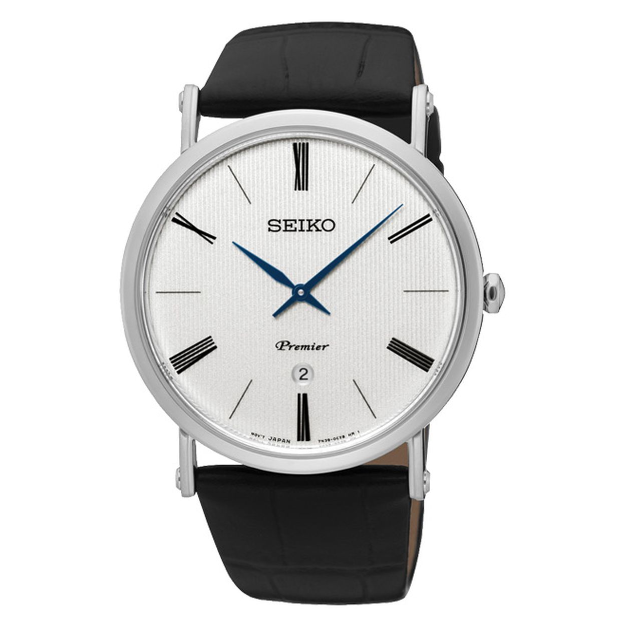 Het Seiko SKP395P1 Premier herenhorloge is een horloge met een klassieke look. Het Seiko horloge heeft een edelstalen horloge kast, een zwart lederen band met croco print, een geschroefde achterdeksel en een witte wijzerplaat met zwarte en blauwe accenten. Het Seiko SKP395P1 herenhorloge heeft een datum functie, krasvast saffier glas en is 3atm SPAT waterdicht.