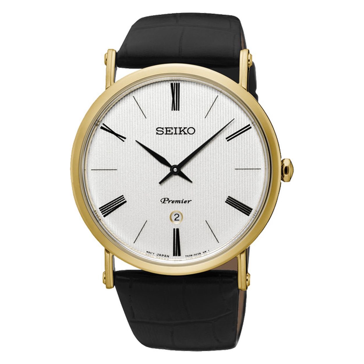 Het Seiko SKP396P1 Premier herenhorloge is een horloge met een klassieke look. Het Seiko horloge heeft een edelstalen horloge kast, een zwart lederen band met croco print, een geschroefde achterdeksel en een witte wijzerplaat met zwarte en blauwe accenten. Het Seiko SKP396P1 herenhorloge heeft een datum functie, krasvast saffier glas en is 3atm SPAT waterdicht.