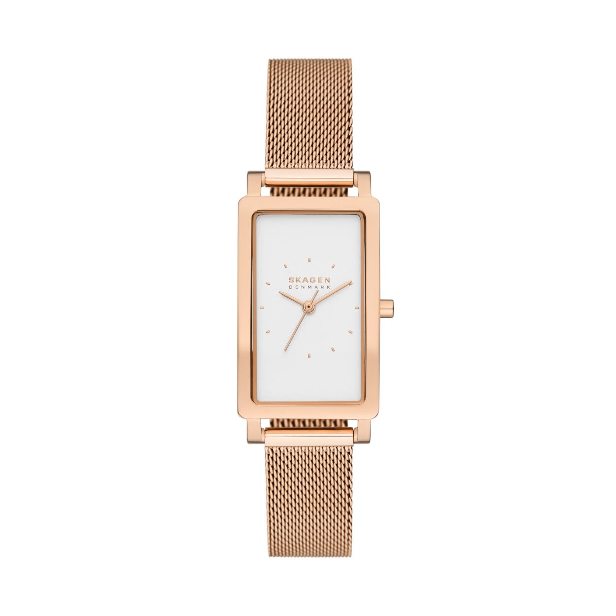 Deze Hagen heeft een tankkast van 43 x 22 mm met een witte gezandstraalde wijzerplaat, uurwerk met drie wijzers en een rosÃ©goudkleurig roestvrijstalen mesh bandje. Het horlogebandje is verwisselbaar.

Skagen
Al meer dan 30 jaar viert Skagen de Deense manier van leven: vrij, spontaan en in het moment. Onze horloges en sieraden worden gemaakt met een grote voorliefde voor modern design. We leggen onze focus op doelgericht design, spelen met kleur en huidige modetrends.

Roestvrij staal
Roestvrij staal is een duurzaam metaal van hoge kwaliteit dat een hogere weerstand heeft tegen aanslag en corrosie, en zal niet oxideren of zwart worden. Roestvrij staal is ook hypoallergeen, het beschermt de huid tegen irritatie. Roestvrij staal is niet-magnetisch.

Quartz uurwerk
Dit horloge wordt aangedreven door een accuraat quartz uurwerk. Dit betekent dat het horloge energie haalt uit een vervangbare batterij. Hierdoor weergeeft het horloge de tijd zeer nauwkeurig en blijft het uurwerk lopen tot de batterij leeg is. Alle horloges van Skagen worden geleverd inclusief batterij.

Waterdichtheid 3 ATM
Dit horloge is bestand tegen blootstelling aan spatwater tijdens het handen wassen, (lichte) regen of transpiratievocht. Het horloge is niet geschikt om mee te zwemmen.
Let op: de kroon van het horloge moet ten alle tijden dicht zijn bij contact met water.