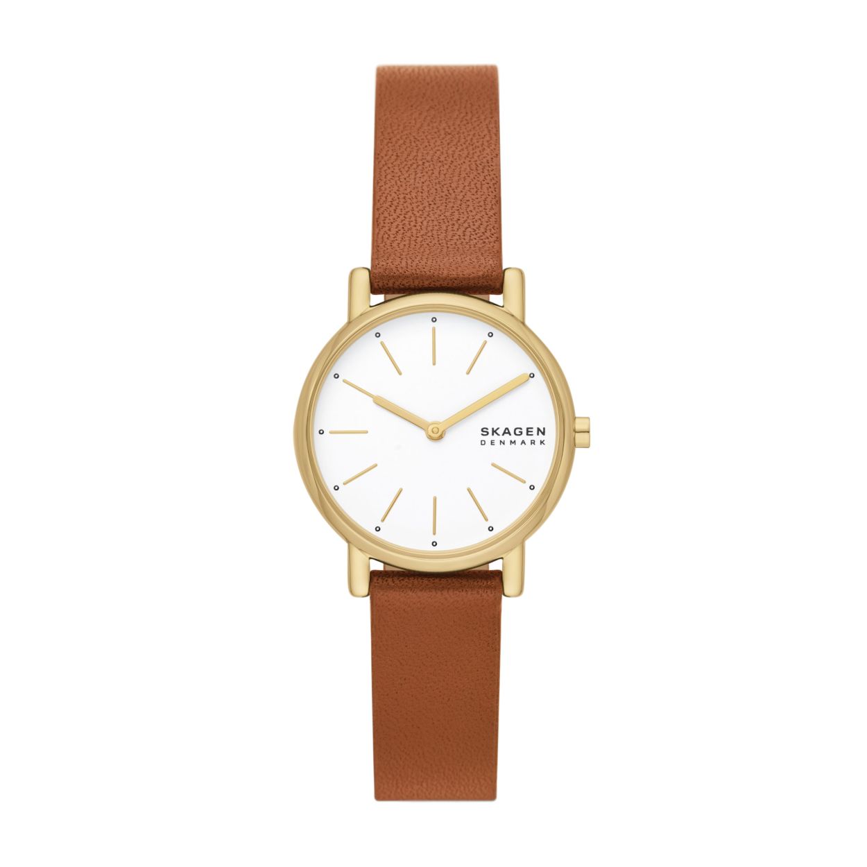 Deze Signatur Lille van 30�mm heeft een witte matte wijzerplaat, uurwerk met twee wijzers en een bruin leren bandje. Het horlogebandje is verwisselbaar.