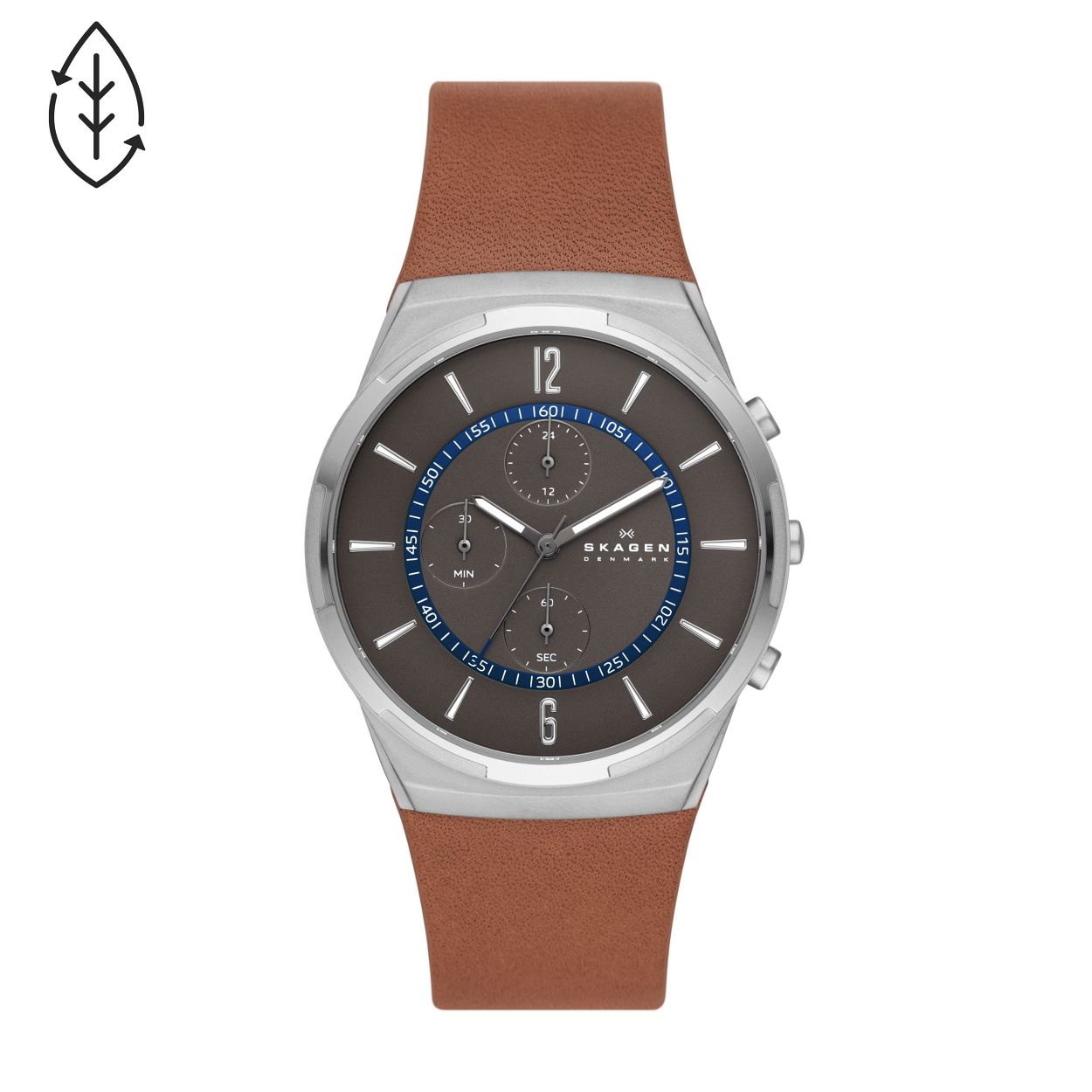Dit is een herenhorloge van het merk Skagen. De ronde kast is gemaakt van edelstaal en heeft de kleur zilver. De band is gemaakt van echt leer in de kleur bruin. Dit horloge is een chronograaf en geeft de datum aan. De maat van de kast is 42mm.