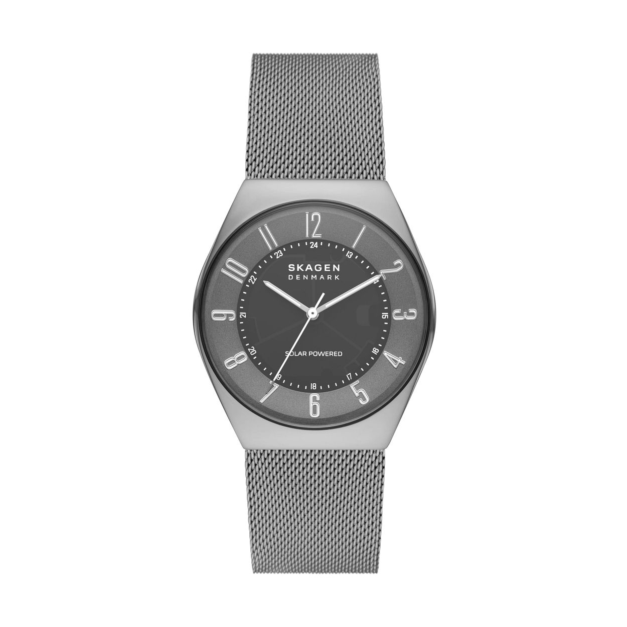 Deze Grenen Solar van 37�mm heeft een antracietgrijze matte wijzerplaat, een kast van minimaal 50% gerecycled roestvrij staal, een zonne-energie uurwerk en een antracietgrijs roestvrijstalen mesh bandje. Het horlogebandje is niet verwisselbaar.