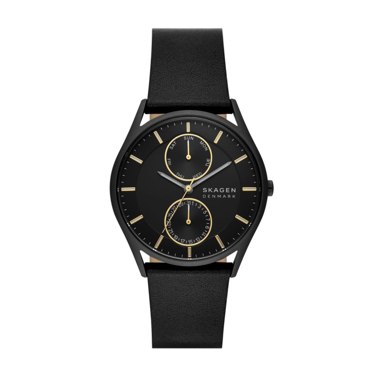 Deze Holst van 40�mm heeft een zwarte matte wijzerplaat, een multifunctioneel uurwerk en een zwart leren bandje. Het horlogebandje is verwisselbaar.