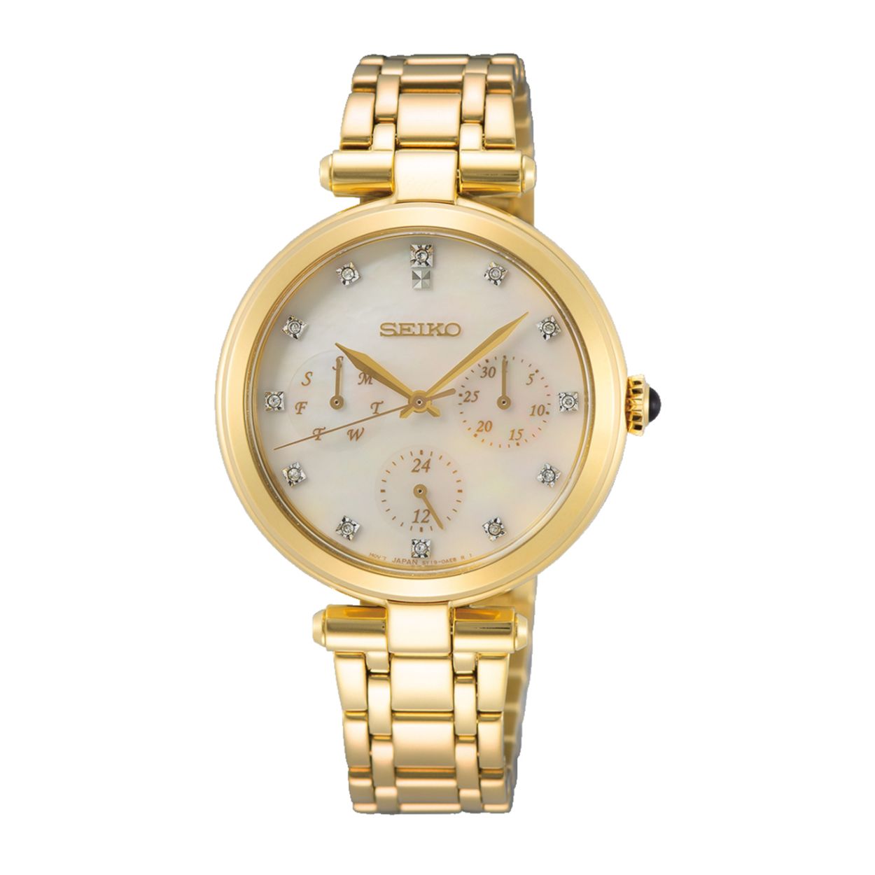 Dit dameshorloge is van het merk Seiko. Het is een analoog horloge gemaakt van staal. De diameter van de kast is 32.5 mm en de kast is 7.5 mm dik.
De verdere specificaties van het horloge zijn als volgt:
Glassoort: saffier glas
Bandbreedte (mm): 13
Kastmateriaal: staal
Waterdichtheid: 5 ATM
Techniek: quartz