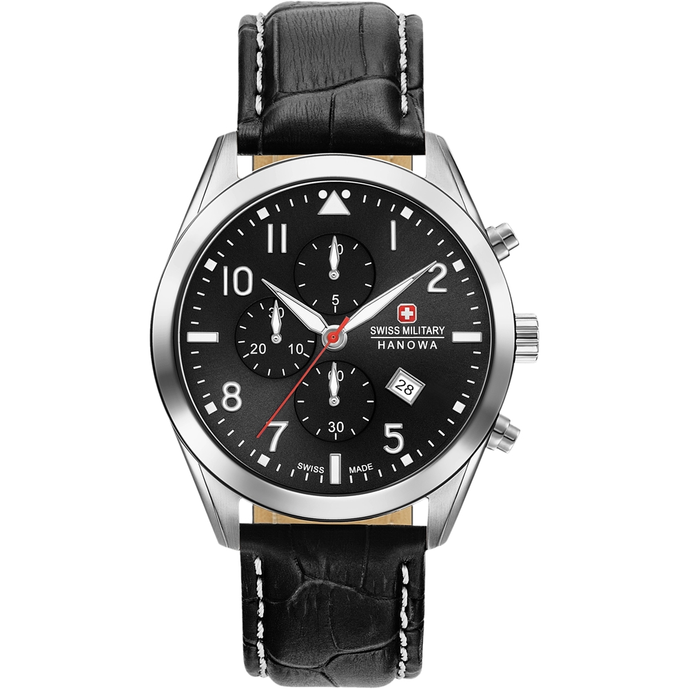 Dit is een horloge van het merk Swiss Military Hanowa gemaakt voor heren.
De specificaties zijn als volgt:
Kastmaat: 43 mm
Kastdikte: 12
Bandlengte: 195
Bandbreedte: 22
Waterdichtheid: 10 ATM / 100 Meter / 330 Feet
Dit horloge heeft de volgende functies/eigenschappen:
Chronograaf