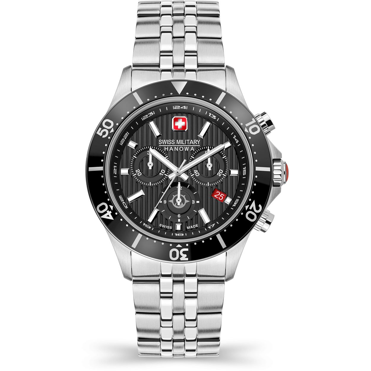 Dit is een horloge van het merk Swiss Military Hanowa. Dit horloge komt uit de serie Flagship X Chrono.

De specificaties van dit horloge zijn: 
Kast:
Kastmateriaal: Edelstaal
Kastkleur: zilver
Kastvorm: Rond
Kastmaat: 42 mm
Wijzerplaatkleur: zwart

Band: 
Bandmateriaal: Roestvrij staal
Bandkleur: zilver
Bandbreedte: 22
Sluiting: Vlindersluiting

Overige specificaties:
Waterdichtheid: 10 ATM / 100 Meters / 330 Feet
Glassoort: Saffier kristal
Chronograaf
Chronograaf
Datum