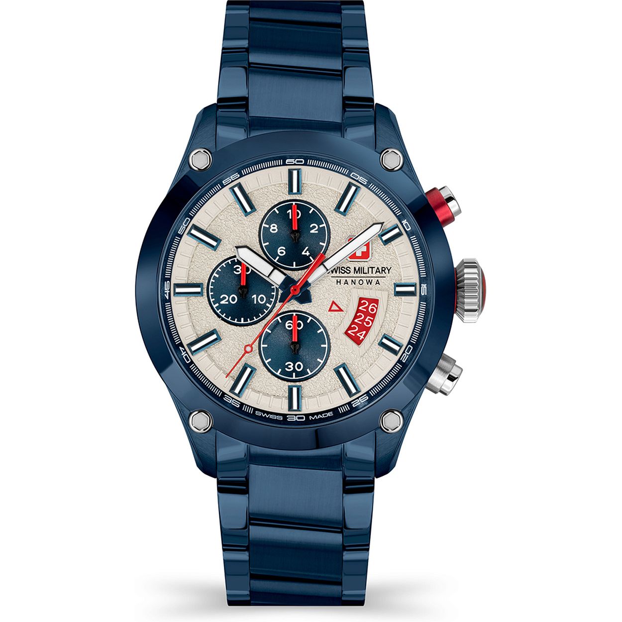Dit herenhorloge is van het merk Swiss Military Hanowa. Het is een horloge gemaakt van edelstaal. De diameter van de kast is 44 mm.
De verdere specificaties van het horloge zijn als volgt:
Glassoort: saffierglas
Kastkleur: Blauw
Kastvorm: Rond
Wijzerplaatkleur: Zilver/Wit
Bandmateriaal: Edelstaal
Bandkleur: Blauw