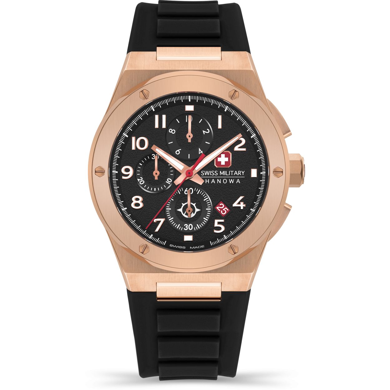 Dit is een horloge van het merk Swiss Military Hanowa. Dit horloge komt uit de serie Sonran Chrono.

De specificaties van dit horloge zijn: 
Kast:
Kastmateriaal: Edelstaal
Kastkleur: Ros� Goud
Kastmaat: 43 mm
Wijzerplaatkleur: zwart

Band: 
Bandmateriaal: Silicone
Bandkleur: zwart

Overige specificaties:
Waterdichtheid: 10 ATM / 100 Meters / 330 Feet
Glassoort: Saffier kristal
Chronograaf
Chronograaf