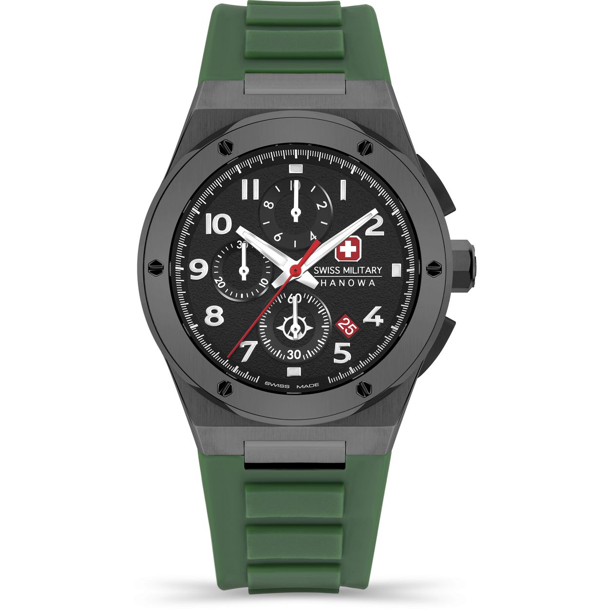 Dit is een horloge van het merk Swiss Military Hanowa. Dit horloge komt uit de serie Sonran Chrono.

De specificaties van dit horloge zijn: 
Kast:
Kastmateriaal: Edelstaal
Kastkleur: Pistool
Kastmaat: 43 mm
Wijzerplaatkleur: groen

Band: 
Bandmateriaal: Silicone
Bandkleur: groen

Overige specificaties:
Waterdichtheid: 10 ATM / 100 Meters / 330 Feet
Glassoort: Saffier kristal
Chronograaf
Chronograaf