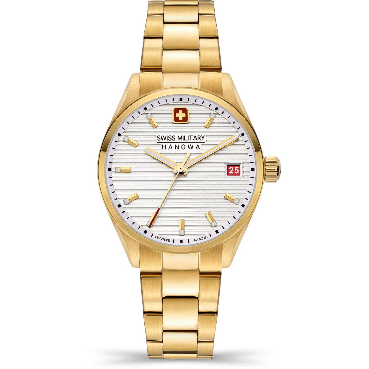 Dit is een horloge van het merk Swiss Military Hanowa. Dit horloge komt uit de serie Roadrunner Lady.

De specificaties van dit horloge zijn: 
Kast:
Kastmateriaal: Edelstaal
Kastkleur: goud
Kastmaat: 35 mm
Wijzerplaatkleur: zilver

Band: 
Bandmateriaal: Roestvrij staal
Bandkleur: goud

Overige specificaties:
Waterdichtheid: 10 ATM / 100 Meters / 330 Feet
Glassoort: Saffier kristal
