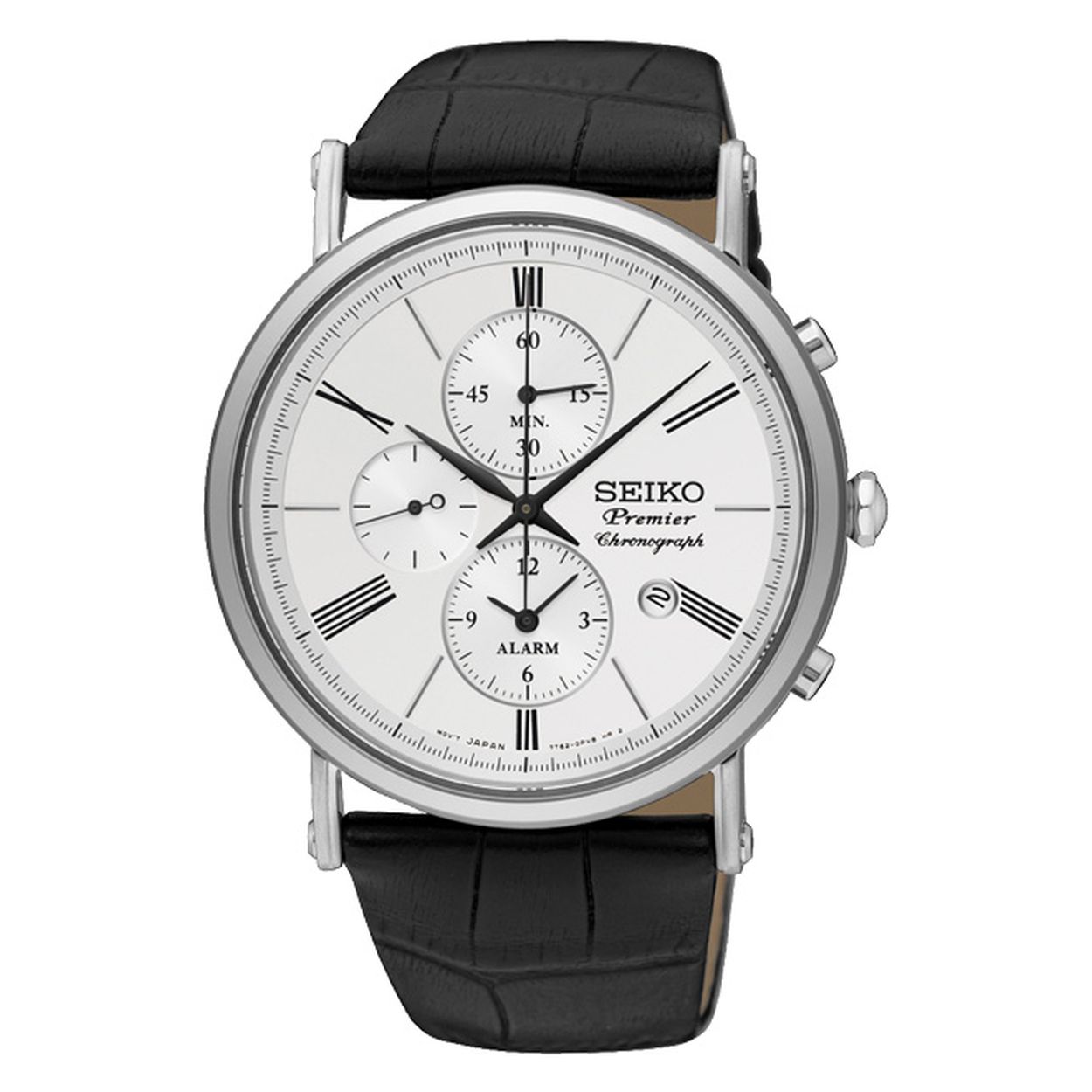 Dit Seiko Premier herenhorloge heeft een band van zwart leder en een kast van edelstaal. De wijzerplaat kleur van de Seiko Premier SNAF77P1 is zilver en de diameter van de horlogekast van 41 mm.