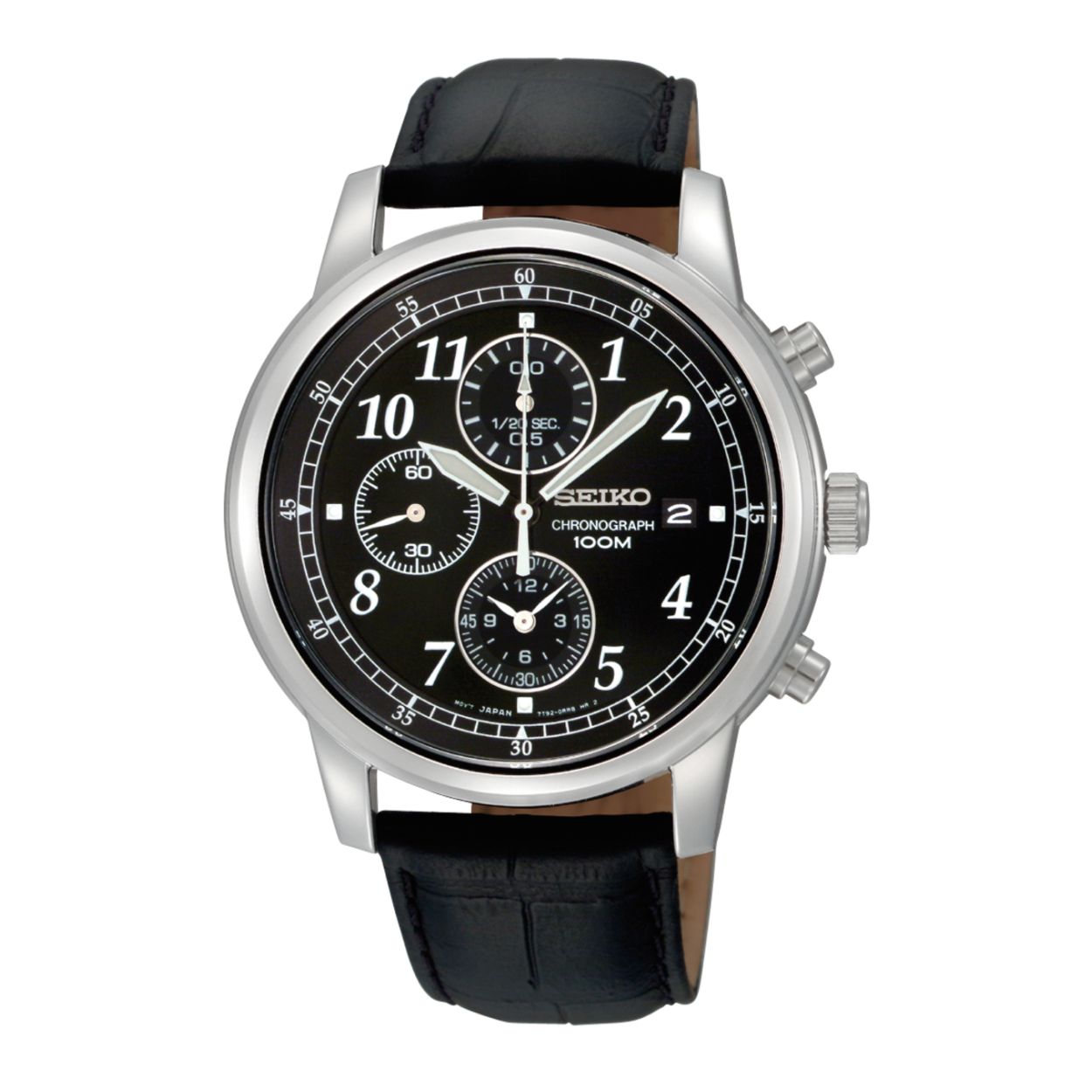 Dit herenhorloge is van het merk Seiko. Het is een chronograaf horloge gemaakt van leer. De diameter van de kast is 40 mm en de kast is 10 mm dik.
De verdere specificaties van het horloge zijn als volgt:
Glassoort: hardlex mineraal glas
Bandbreedte: 20
Kastmateriaal: staal
Waterdichtheid: 10 ATM
Techniek: quartz