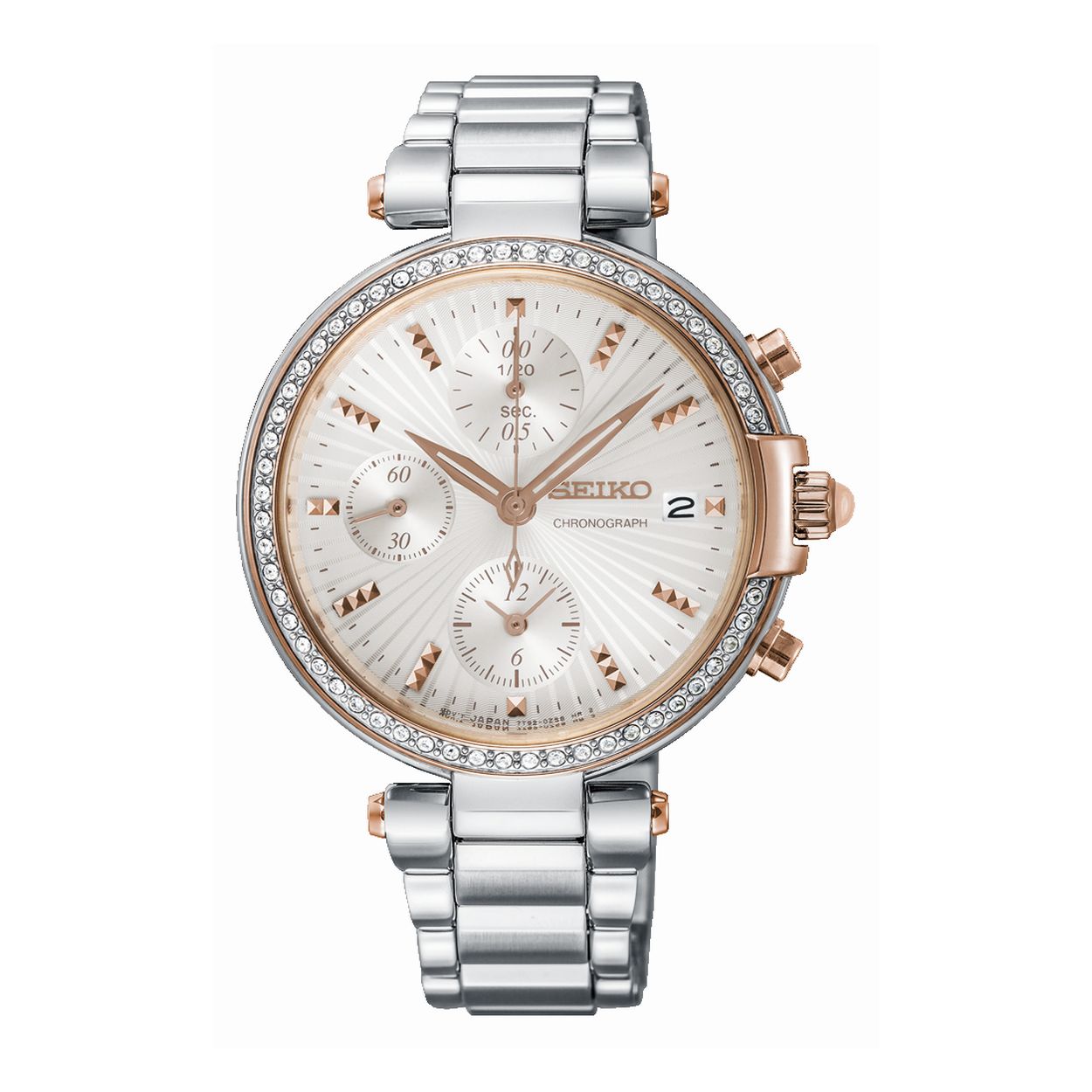 Dit dameshorloge is van het merk Seiko. Het is een chronograaf horloge gemaakt van staal. De diameter van de kast is 35.6 mm en de kast is 10.5 mm dik.
De verdere specificaties van het horloge zijn als volgt:
Glassoort: hardlex mineraal glas
Bandbreedte: 14
Kastmateriaal: staal
Waterdichtheid: 3 ATM
Techniek: quartz