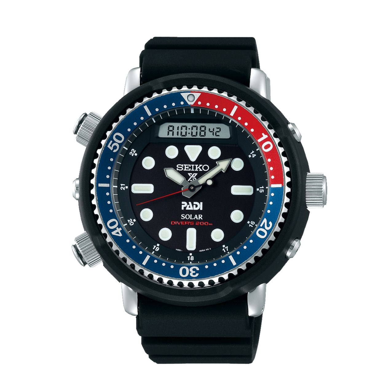 Dit herenhorloge is van het merk Seiko. Het is een chronograaf horloge gemaakt van siliconen. De diameter van de kast is 47.8 mm en de kast is 15 mm dik.
De verdere specificaties van het horloge zijn als volgt:
Glassoort: hardlex mineraal glas
Bandbreedte: 20
Kastmateriaal: staal
Waterdichtheid: 50 ATM
Techniek: solar