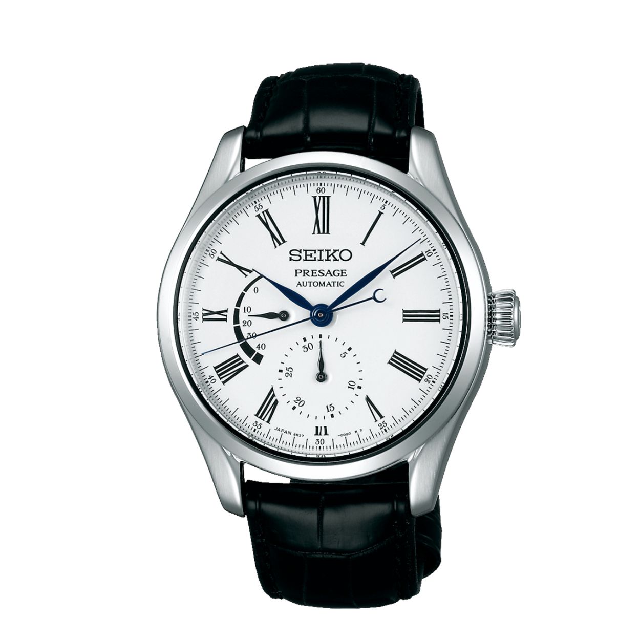 Seiko Presage - Automatisch staal heren met emaille wijzerplaat. saffierglas en leder klipband 100m WR Cal: 6R27B-00L0 met Gangreserve wijzer & Datum Subdial