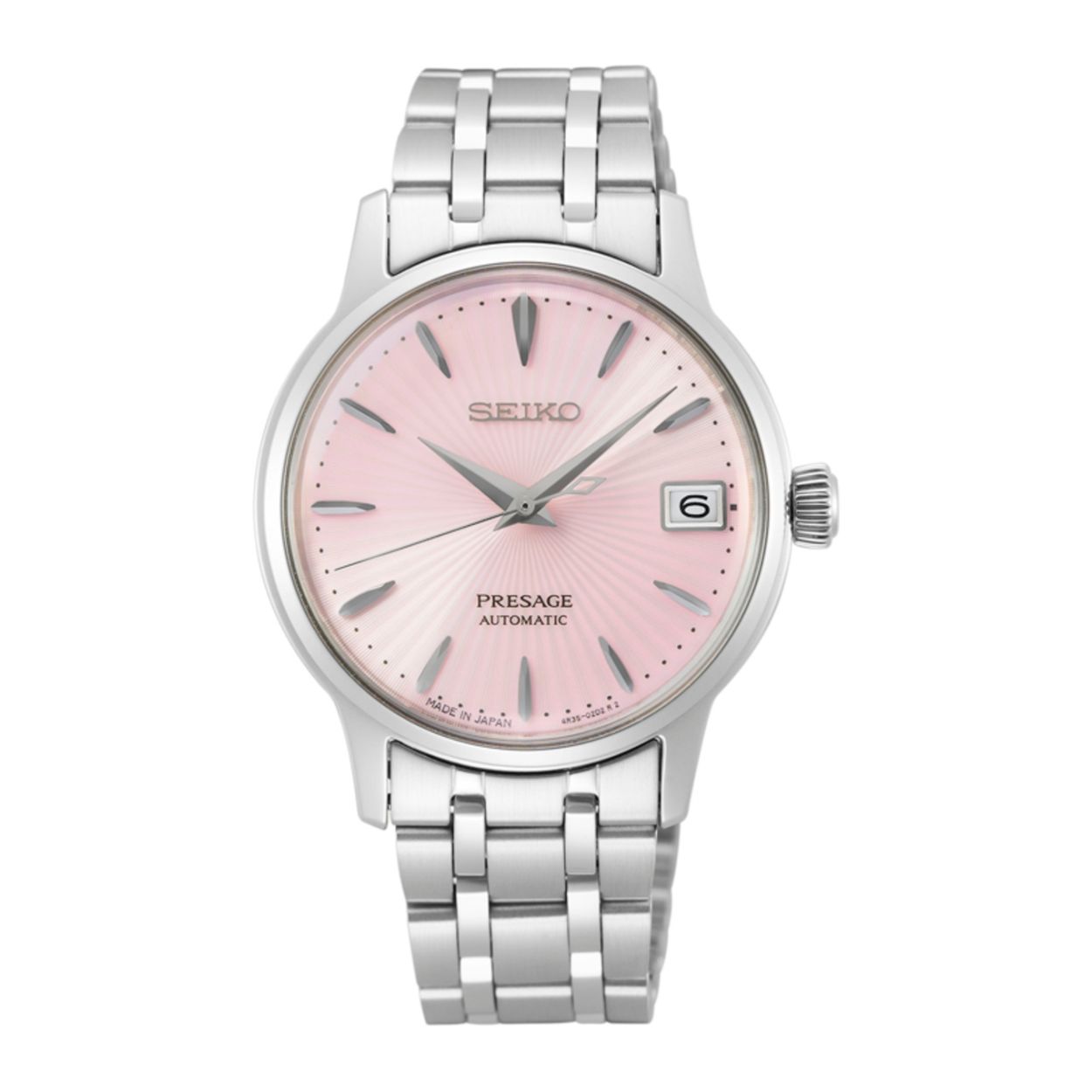 Seiko mechanisch dames pols horloge uit de Pressage collectie edelstaal met edelstalen band en fraaie licht rose cocktail wijzerplaat. 5 ATM waterdicht.