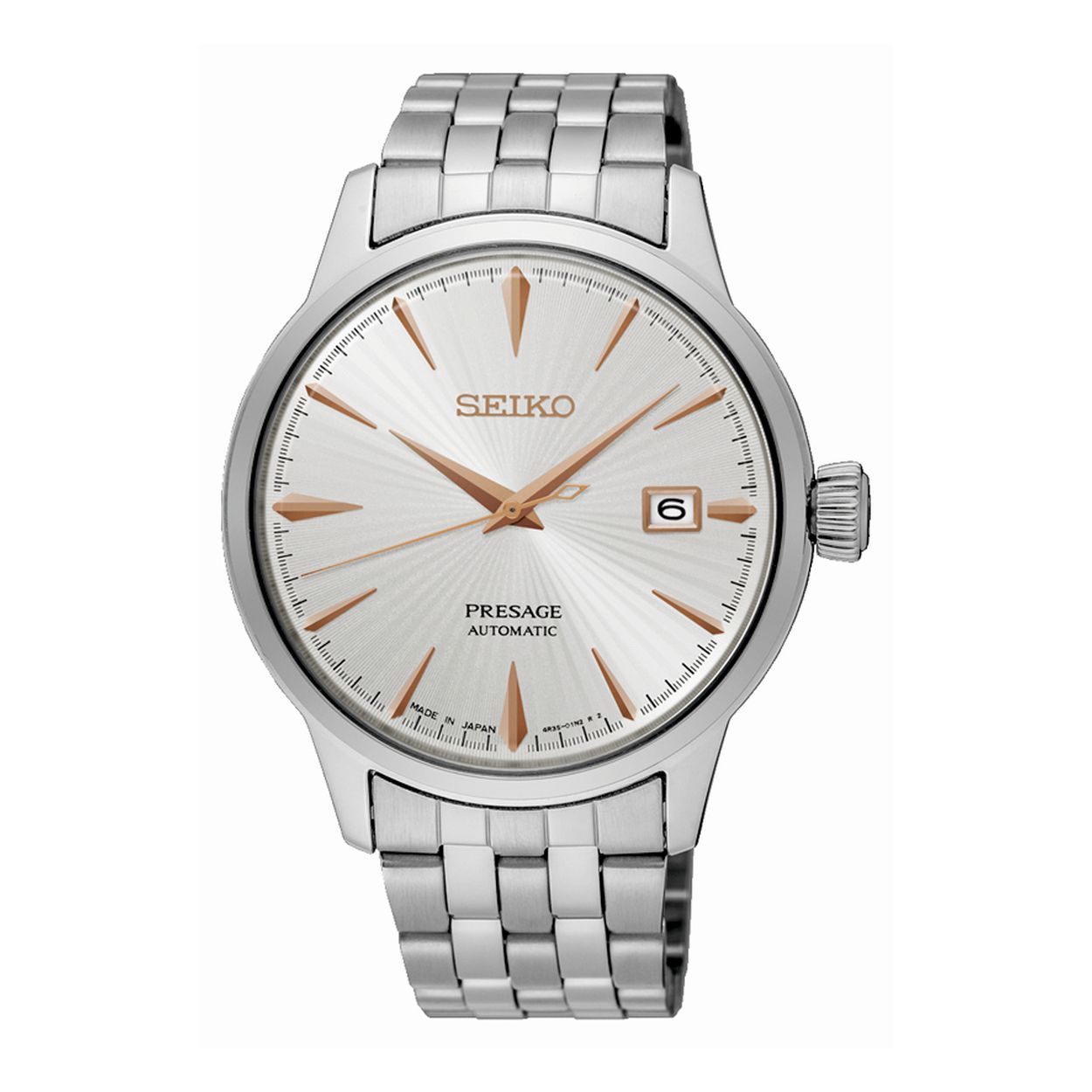 Dit herenhorloge is van het merk Seiko. Het is een analoog horloge gemaakt van staal. De diameter van de kast is 40.5 mm en de kast is 12 mm dik.
De verdere specificaties van het horloge zijn als volgt:
Glassoort: hardlex mineraal glas
Bandbreedte: 18
Kastmateriaal: staal
Waterdichtheid: 5 ATM
Techniek: automaat