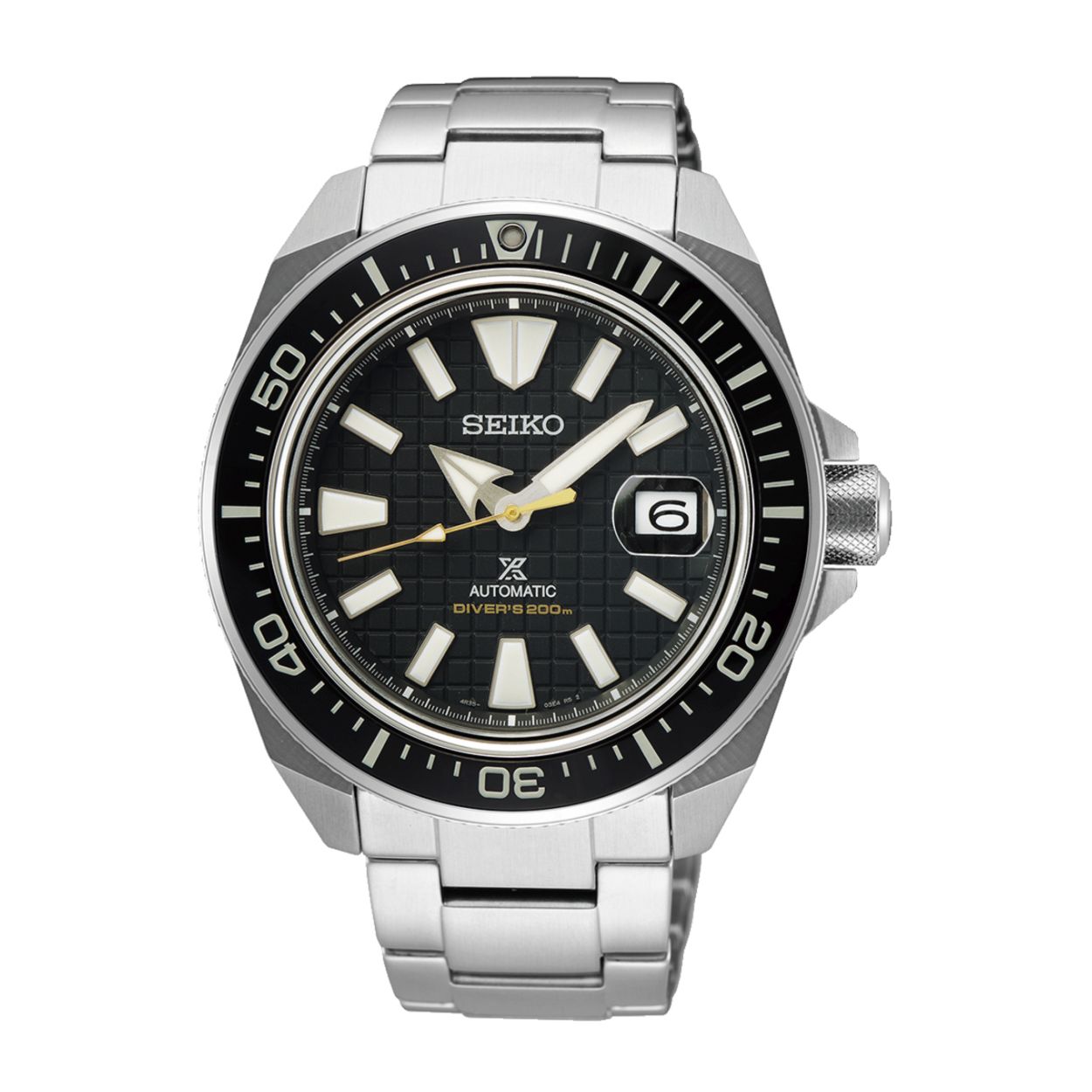 Seiko Prospex Automaat. Stalen kast en band. Saffier glas. Zwarte wijzerplaat met datumaanduiding en lichtgevende wijzers en indexen. Automatisch uurwerk met 41 uur gangreserve. Tot 200 meter waterdicht.