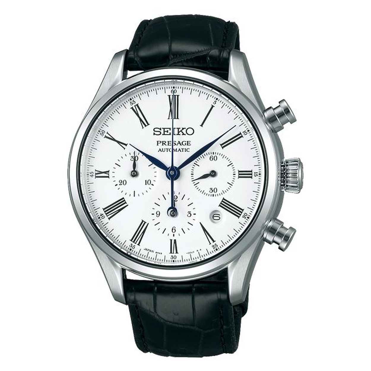 Seiko Presage - staal met ledere klipband. Automaat. Emaille wijzerplaat en saffierglas 100m WR, Cal: 8R48-OOKO