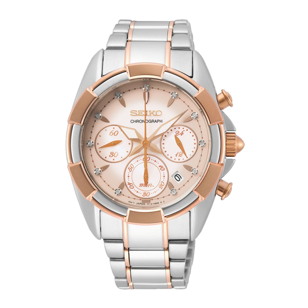 Zilver-/roségoudkleurig Seiko chronograaf dameshorloge met parelmoer wijzerplaat. De wijzerplaat is voorzien van drie extra klokjes met een stopwatch, seconde en 24-uurs klok functie. Ook is de wijzerplaat versiert met echte diamanten en roségoudkleurige wijzers en index. Dit horloge is gemaakt van roestvrijstaal en op sommige delen voorzien van een roségoudkleurige coating.