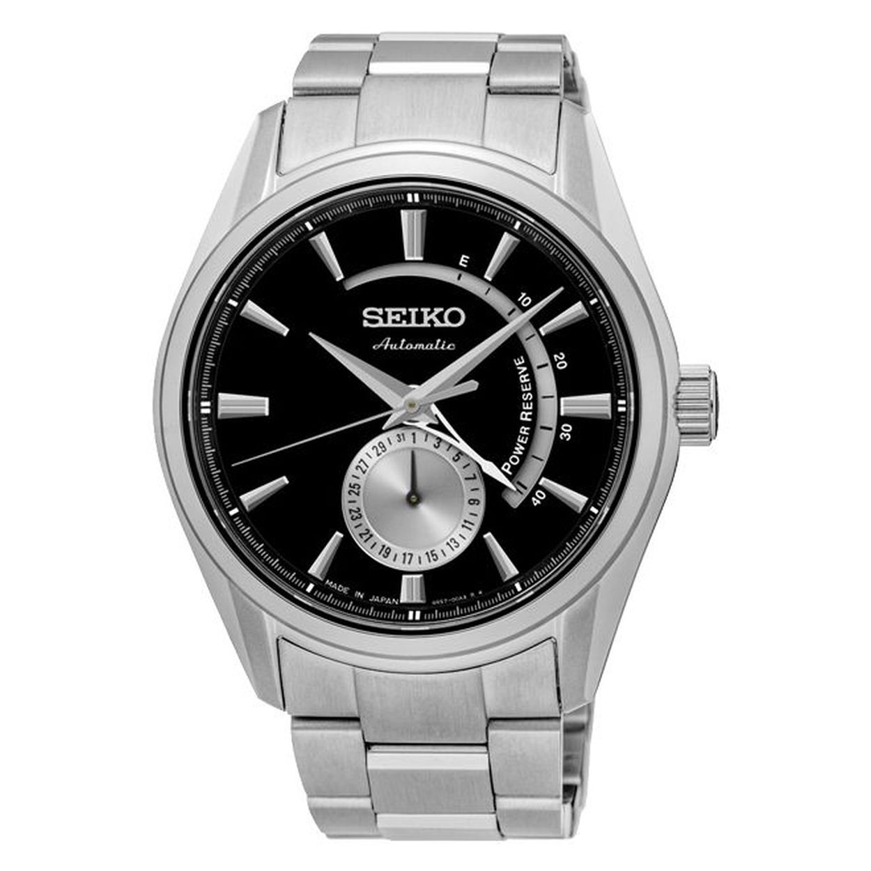 Dit klassieke Seiko Presage herenhorloge SSA305J1 is voorzien van krasvrij saffier glas en heeft een waterdichtheid van 10 ATM. Dit horloge heeft een automatisch uurwerk dat zichzelf oplaad door beweging van de pols.