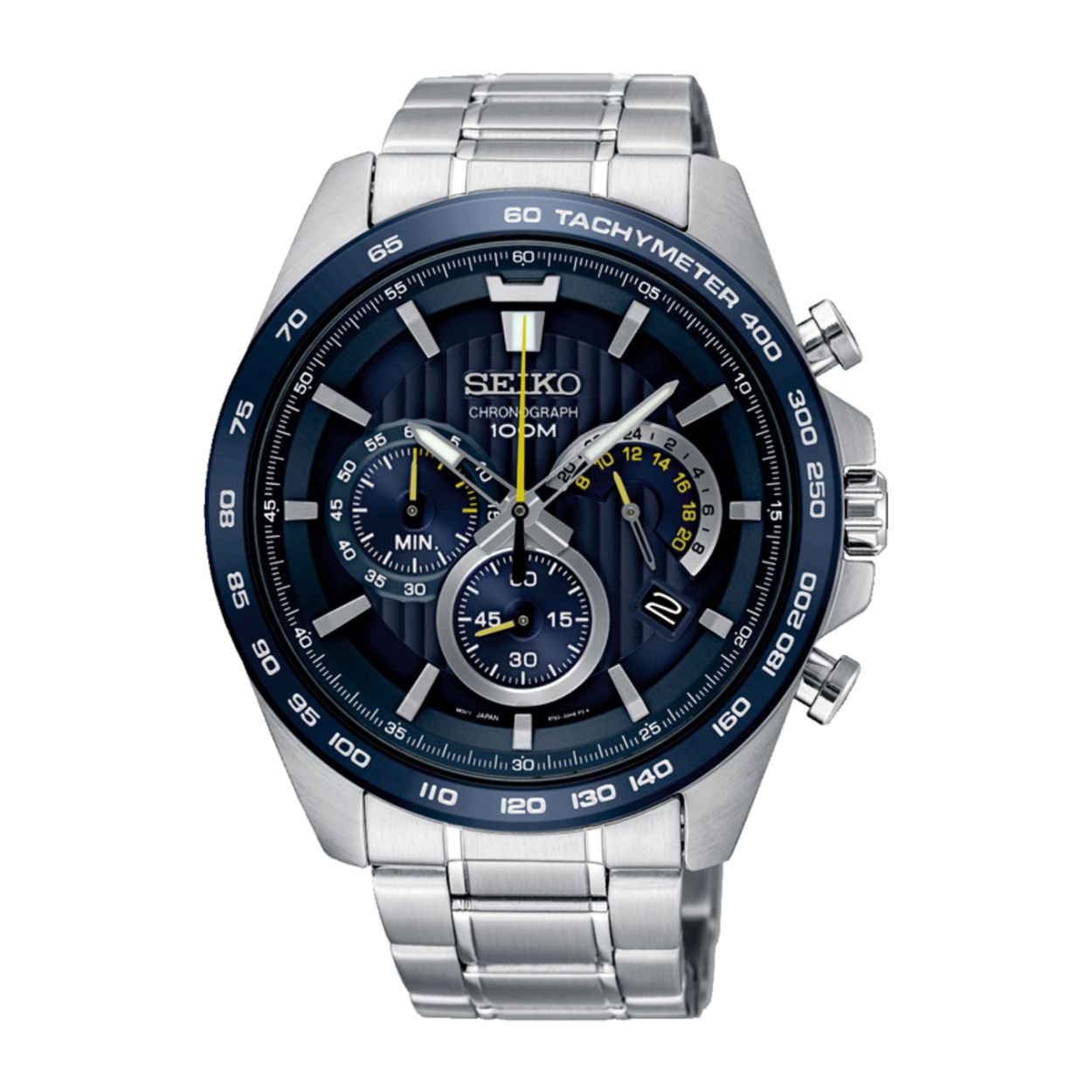 Dit herenhorloge is van het merk Seiko. Het is een chronograaf horloge gemaakt van staal. De diameter van de kast is 44 mm en de kast is 12.1 mm dik.
De verdere specificaties van het horloge zijn als volgt:
Glassoort: hardlex mineraal glas
Bandbreedte: 22
Kastmateriaal: staal
Waterdichtheid: 10 ATM
Techniek: quartz