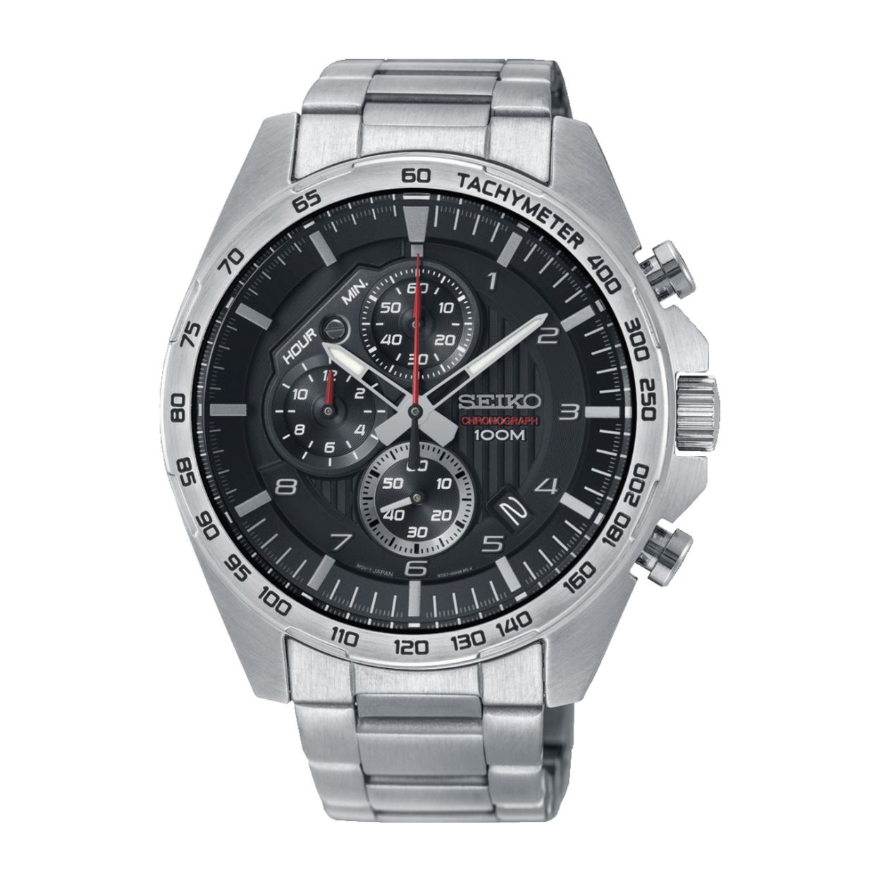 Dit herenhorloge is van het merk Seiko. Het is een chronograaf horloge gemaakt van staal. De diameter van de kast is 44 mm en de kast is 12.1 mm dik.
De verdere specificaties van het horloge zijn als volgt:
Glassoort: hardlex mineraal glas
Bandbreedte: 22
Kastmateriaal: staal
Waterdichtheid: 10 ATM
Techniek: quartz