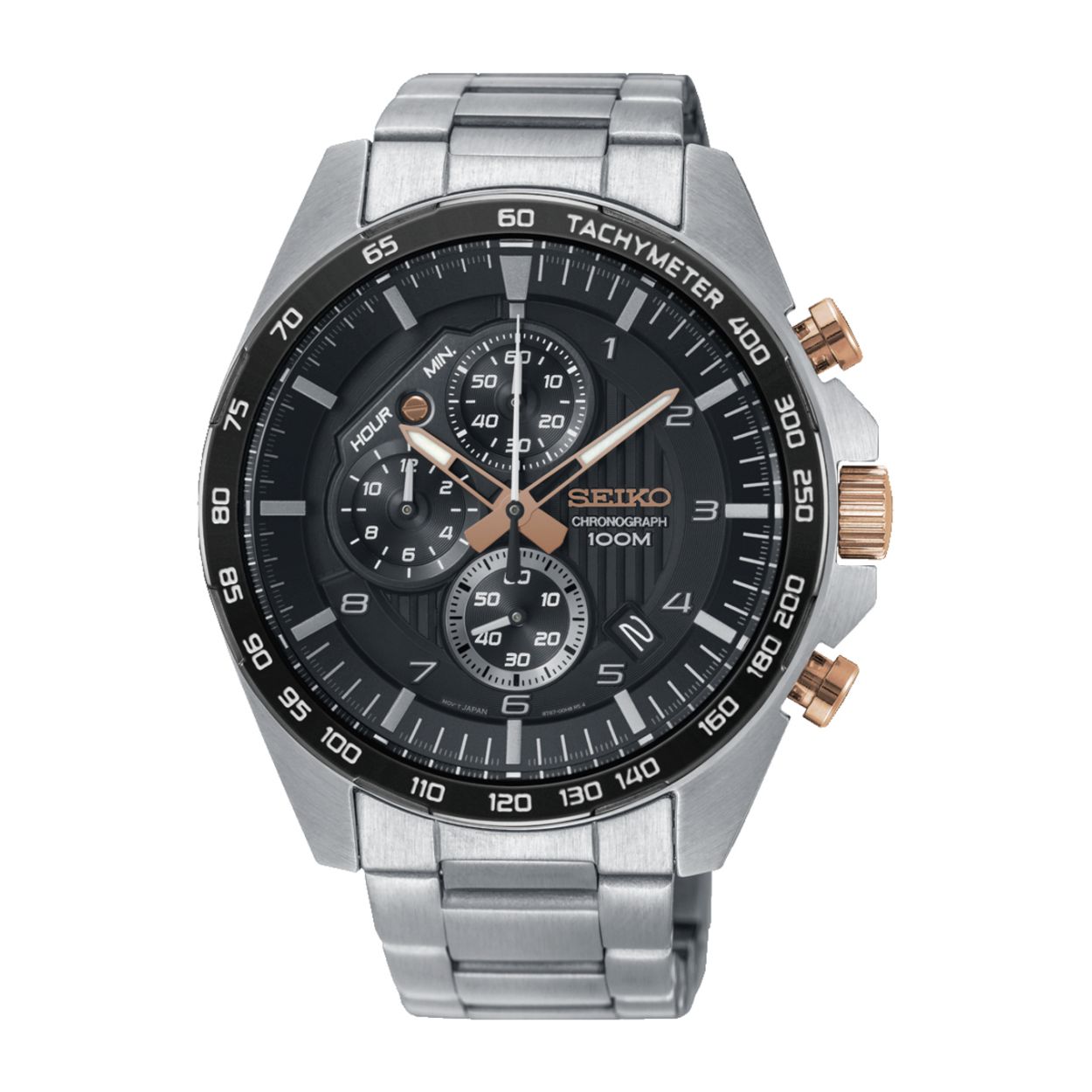 Dit herenhorloge is van het merk Seiko. Het is een chronograaf horloge gemaakt van staal. De diameter van de kast is 44 mm en de kast is 12.1 mm dik.
De verdere specificaties van het horloge zijn als volgt:
Glassoort: hardlex mineraal glas
Bandbreedte: 22
Kastmateriaal: staal
Waterdichtheid: 10 ATM
Techniek: quartz