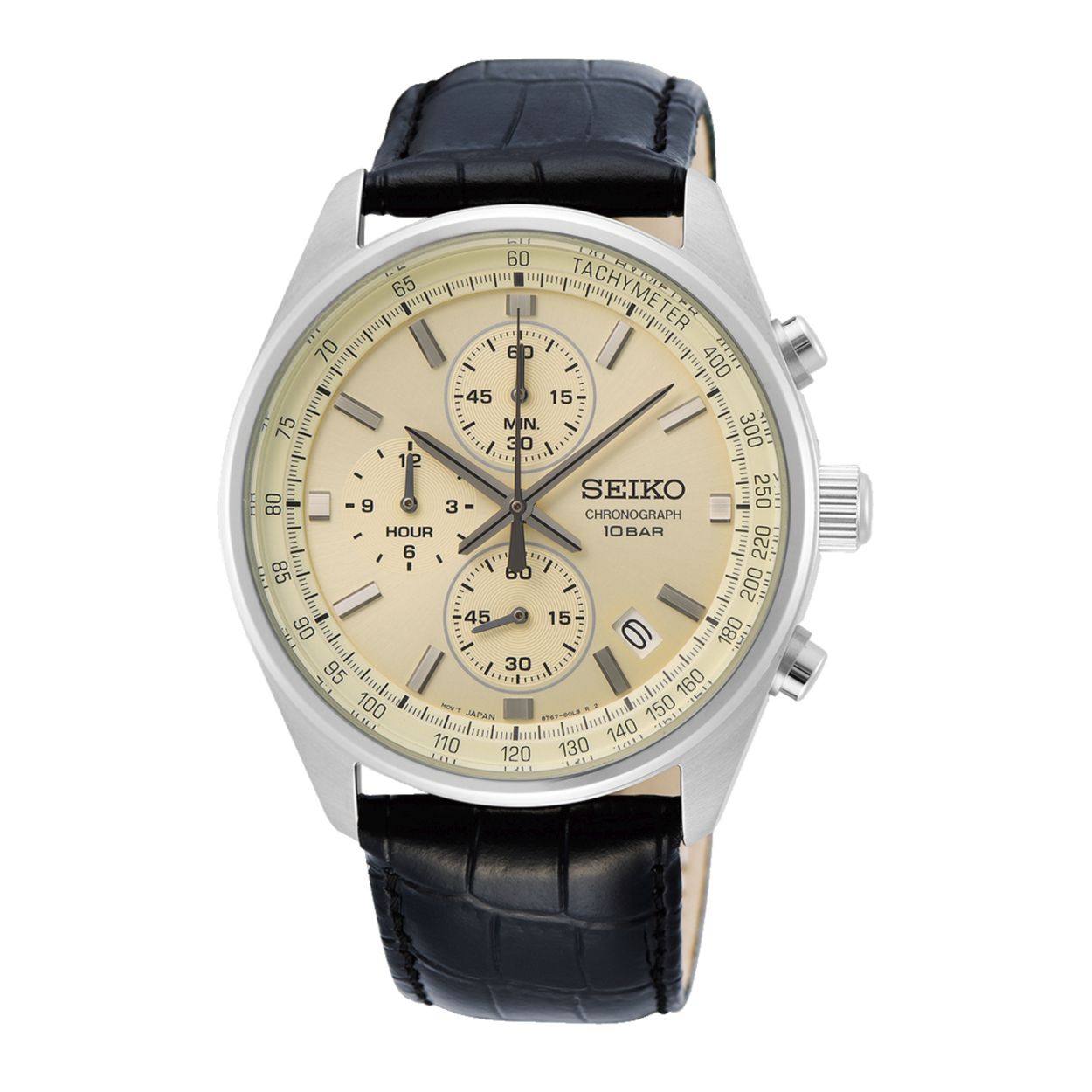 Dit herenhorloge is van het merk Seiko. Het is een chronograaf horloge gemaakt van leer. De diameter van de kast is 41.5 mm en de kast is 12 mm dik.
De verdere specificaties van het horloge zijn als volgt:
Glassoort: hardlex mineraal glas
Bandbreedte: 20
Kastmateriaal: staal
Waterdichtheid: 5 ATM
Techniek: quartz