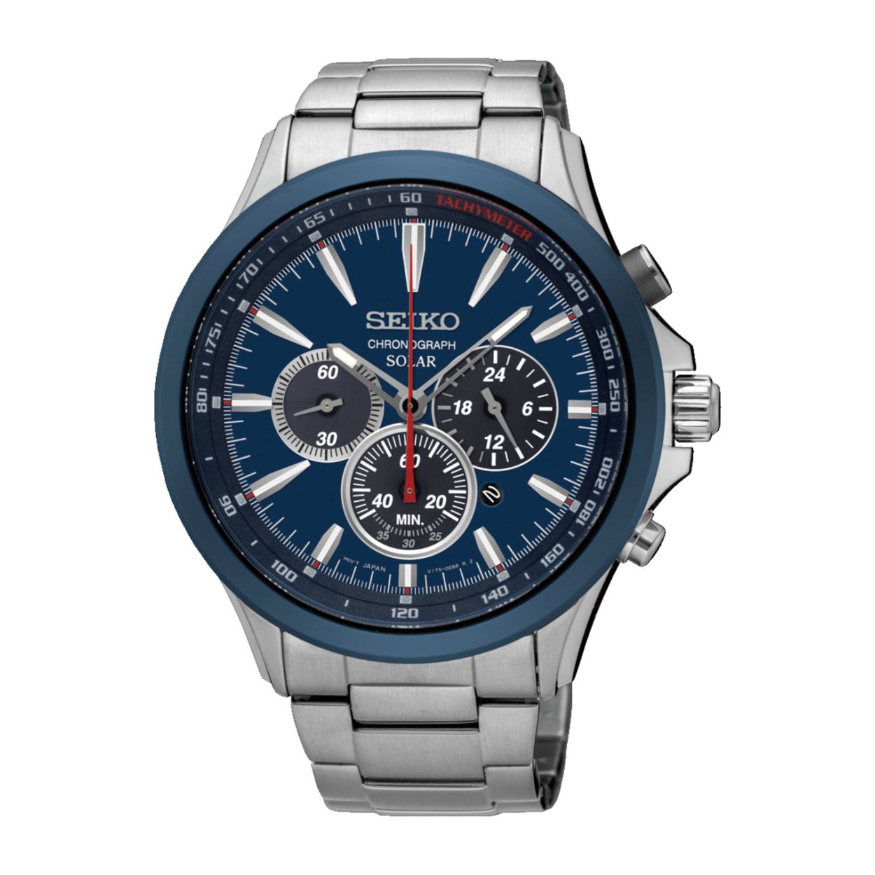 Dit herenhorloge is van het merk Seiko. Het is een chronograaf horloge gemaakt van staal. De diameter van de kast is 42.5 mm en de kast is 12 mm dik.
De verdere specificaties van het horloge zijn als volgt:
Glassoort: hardlex mineraal glas
Bandbreedte: 22
Kastmateriaal: staal
Waterdichtheid: 10 ATM
Techniek: solar
