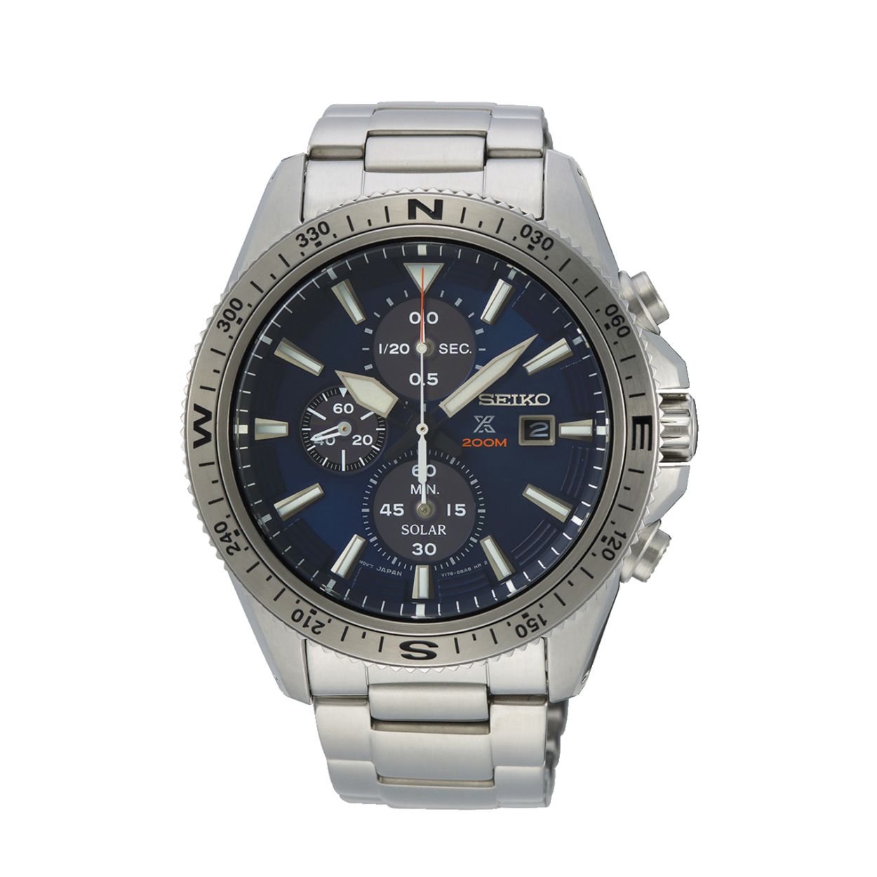 Dit herenhorloge is van het merk Seiko. Het is een chronograaf horloge gemaakt van staal. De diameter van de kast is 44 mm en de kast is 14 mm dik.
De verdere specificaties van het horloge zijn als volgt:
Glassoort: hardlex mineraal glas
Bandbreedte: 20
Kastmateriaal: staal
Waterdichtheid: 20 ATM
Techniek: solar