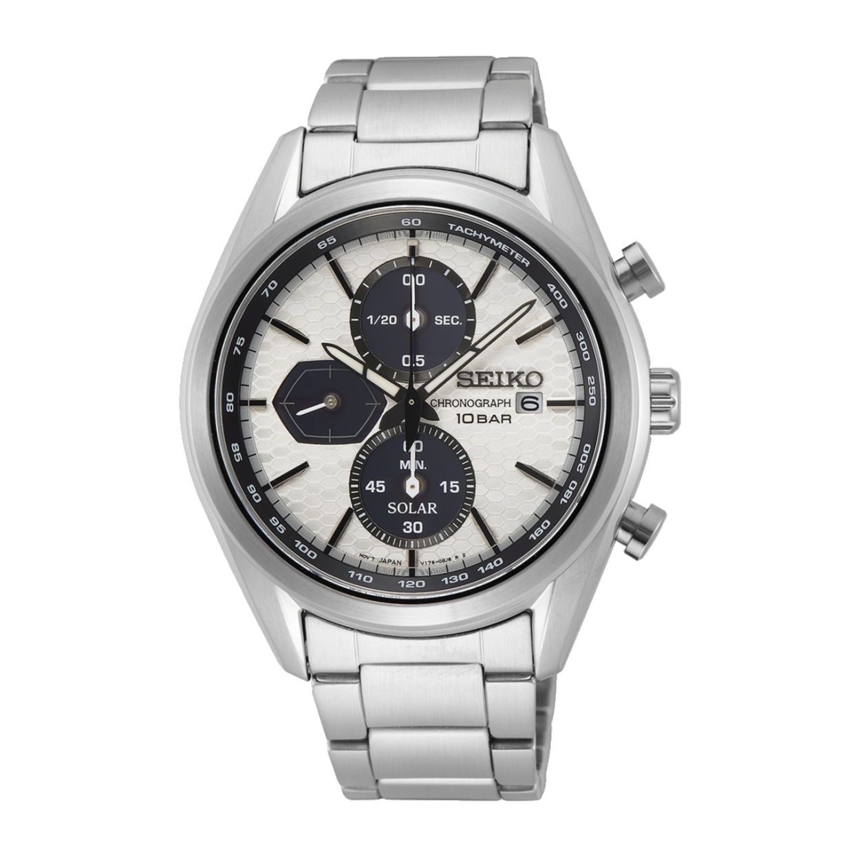 Dit herenhorloge is van het merk Seiko. Het is een chronograaf horloge gemaakt van staal. De diameter van de kast is 43.2 mm en de kast is 12 mm dik.
De verdere specificaties van het horloge zijn als volgt:
Glassoort: hardlex mineraal glas
Bandbreedte: 20
Kastmateriaal: staal
Waterdichtheid: 10 ATM
Techniek: solar