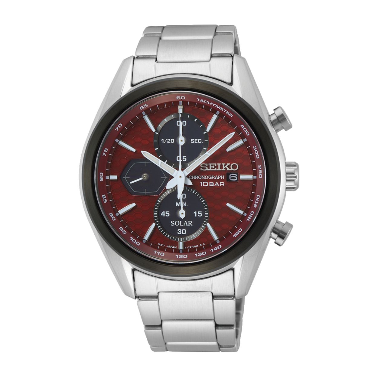 Dit herenhorloge is van het merk Seiko. Het is een chronograaf horloge gemaakt van staal. De diameter van de kast is 43.2 mm en de kast is 12 mm dik.
De verdere specificaties van het horloge zijn als volgt:
Glassoort: hardlex mineraal glas
Bandbreedte: 20
Kastmateriaal: staal
Waterdichtheid: 10 ATM
Techniek: solar