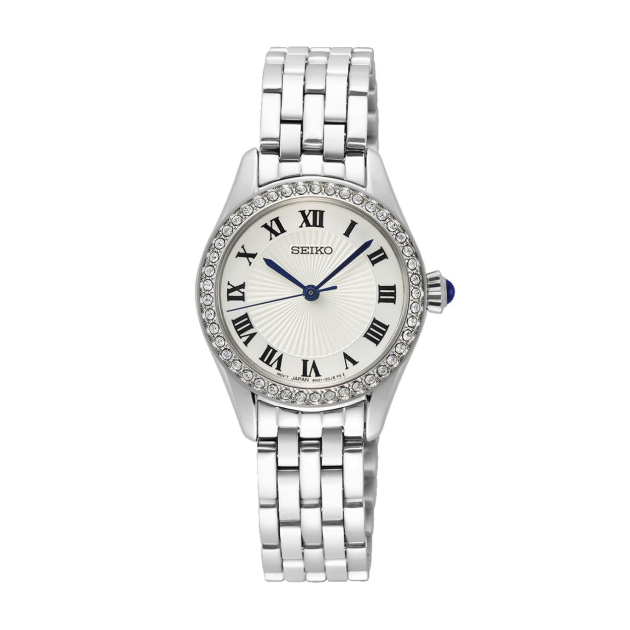 Dit dameshorloge is van het merk Seiko. Het is een analoog horloge gemaakt van staal. De diameter van de kast is 29 mm en de kast is 7 mm dik.
De verdere specificaties van het horloge zijn als volgt:
Glassoort: hardlex mineraal glas
Bandbreedte: 12
Kastmateriaal: staal
Waterdichtheid: 5 ATM
Techniek: quartz