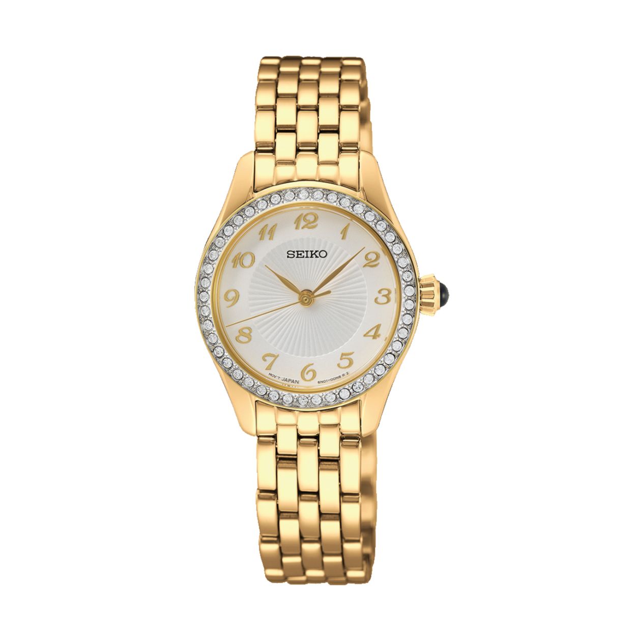 Dit dameshorloge is van het merk Seiko. Het is een analoog horloge gemaakt van staal. De diameter van de kast is 29 mm en de kast is 7 mm dik.
De verdere specificaties van het horloge zijn als volgt:
Glassoort: hardlex mineraal glas
Bandbreedte: 12
Kastmateriaal: staal
Waterdichtheid: 5 ATM
Techniek: quartz