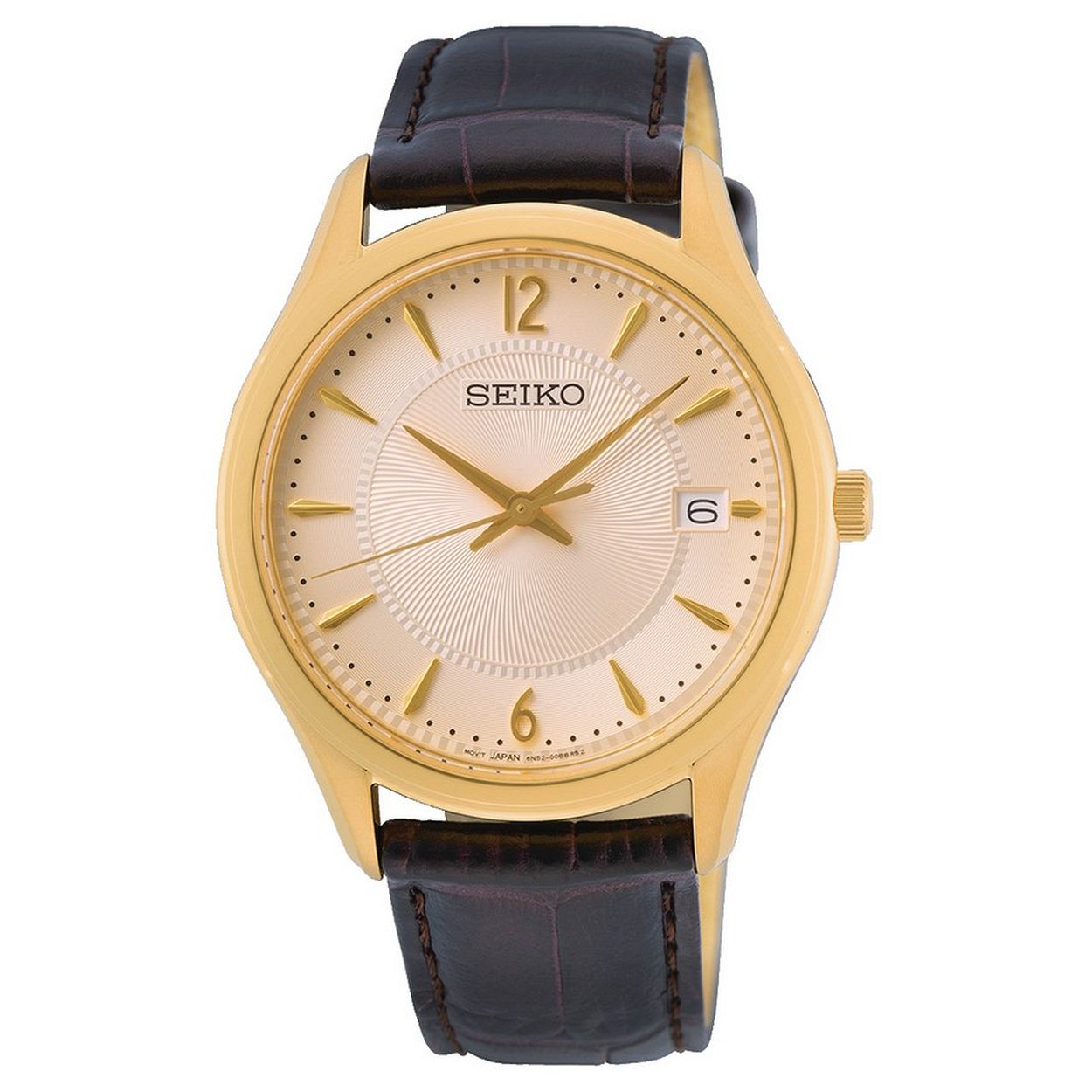 Dit trendy heren Seiko SUR472P1 horloge beschikt over een quartz uurwerk en een prachtige bruine band. De kleur van de kast van dit herenhorloge is goudkleurig. Het glas van dit horloge is gemaakt van een sterk saffier glas glas. Dit prachtige horloge van Seiko is gemaakt van staal. Met een kastgrootte van 39,4 mm en een dikte van 8 mm past dit horloge u vast leuk. De wijzerplaat is in de kleur champagne.