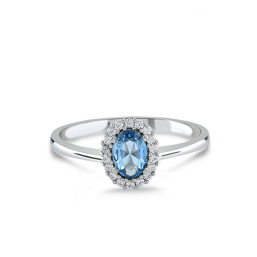 Zilveren ring met gekleurde siersteen en zirkonia rondom.