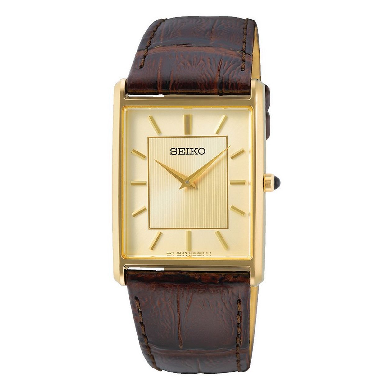 Dit is een herenhorloge van het merk Seiko. Het is een analoog horloge gemaakt van staal. De diameter van de kast is 38.2 mm en de kast is 6.4 mm dik.
De verdere specificaties van het horloge zijn als volgt:
Kastvorm: tonneau
Kastkleur: goudkleurig
Kastmateriaal: staal
Sluiting: gesp
Wijzerplaatkleur: champagne
Glassoort: hardlex mineraal glas
Techniek: quartz