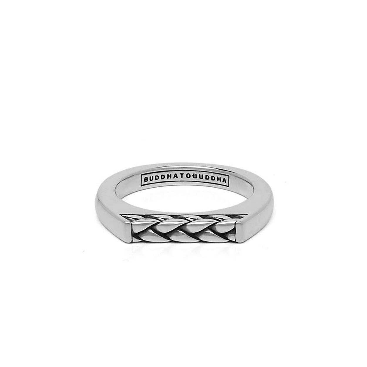 Buddha To Buddha 1e gehalte zilveren recht-strakke ring met boven een gevlochten stuk. Model: 054-Tangguh Signet George in maat 18