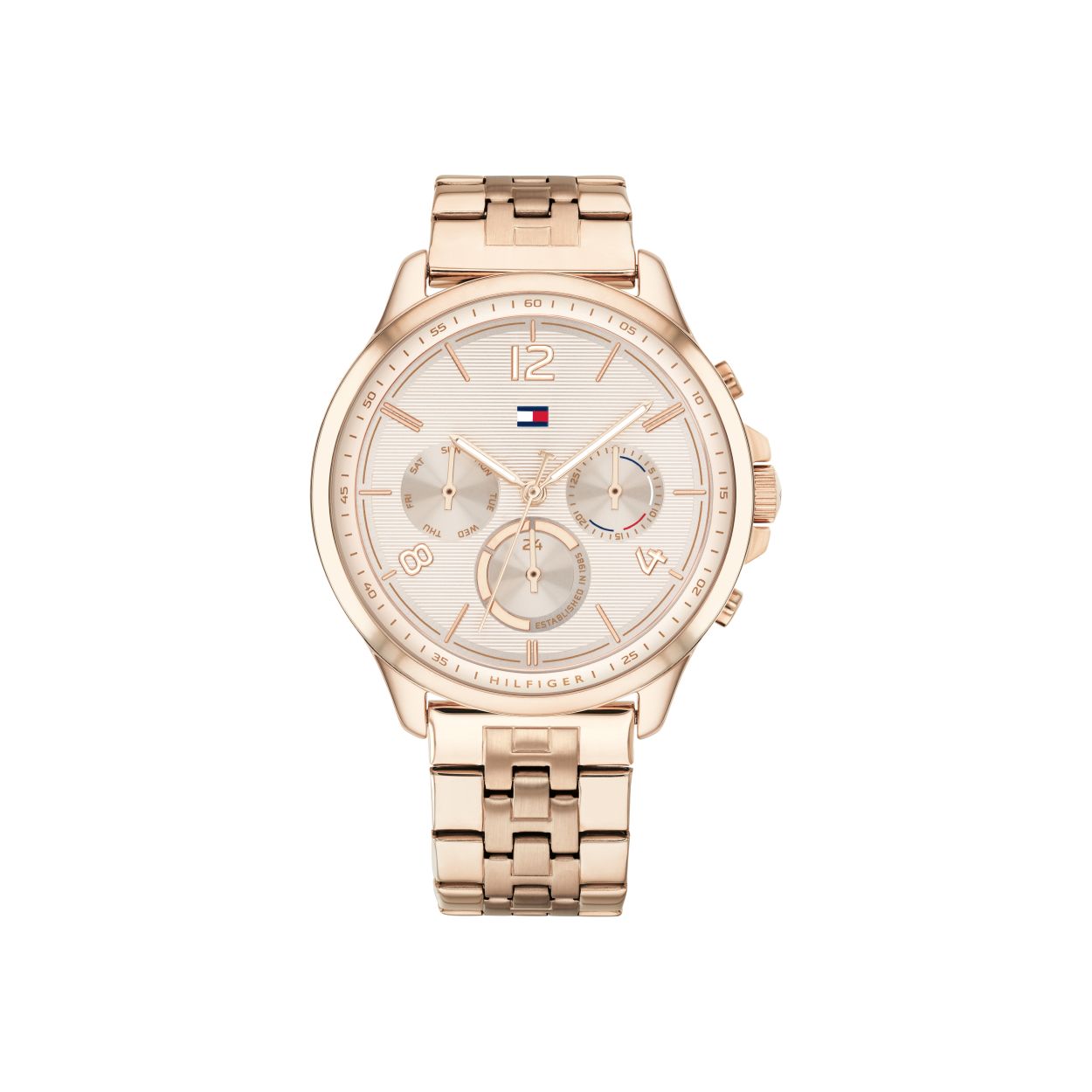 Dit casual dames horloge is van Tommy Hilfiger. Het horloge is voorzien van een stalen band en een 'sunray' wijzerplaat. Het horloge is een analoog. De diameter van de horlogekast is 38 mm en de hoogte 8.50 mm. Het horloge is 3 ATM spatwaterdicht. We leveren het horloge met 2 jaar garantie.

HET MERK
Tommy Hilfiger is wereldwijd één van de grootste designer lifestyle merken en is internationaal bekend om haar classic American cool stijl. De horloges zijn voor dames en heren met een eigen stijl, die niet bang zijn om dit aan de wereld te laten zien.

SPECIFICATIES
- Mineraal glas
- Ronde kastvorm  38mm
- Hoogte horlogekast is 8.50 mm
- Waterdicht: 3 ATM 
- Rosekleurige horlogekast
- Rosekleurige sunray wijzerplaat
- Rosekleurige horlogeband
Dit casual dames horloge is van Tommy Hilfiger. wijzerplaat. Het horloge is een analoog. De diameter van de horlogekast is 38 mm en de hoogte 8.50 mm. Het horloge is 3 ATM spatwaterdicht. We leveren het horloge met 2 jaar garantie.

HET MERK
Tommy Hilfiger is wereldwijd een van de grootste designer lifestyle merken en is internationaal bekend om haar classic American cool stijl. De horloges zijn voor dames en heren met een eigen stijl, die niet bang zijn om dit aan de wereld te laten zien.

SPECIFICATIES
- Mineraal glas
- Ronde kastvorm � 38mm
- Hoogte horlogekast is 8.50 mm
- Waterdicht: 3 ATM 
- Ros�kleurige horlogekast
- Ros�kleurige sunray wijzerplaat
- Ros�kleurige horlogeband