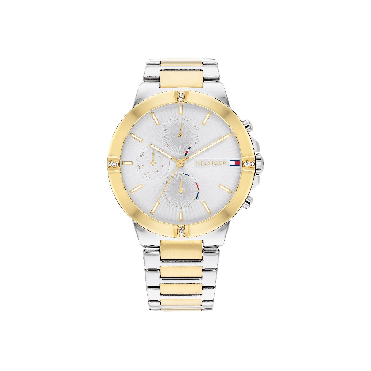 Tommy Hilfiger horloge Talia.  Dit Bicolour Tommy Hilfiger horloge is sportief met een attitude. De steentjes in de horlogekast geven een elegante draai aan deze sportieve stijl. De horlogeband is zowel zilver- als goudkleurig en met zijn multifunctionele wijzerplaat is dit horloge een absolute must en maakt iedere look compleet!
De kast heeft een afmeting van 38 millimeter.