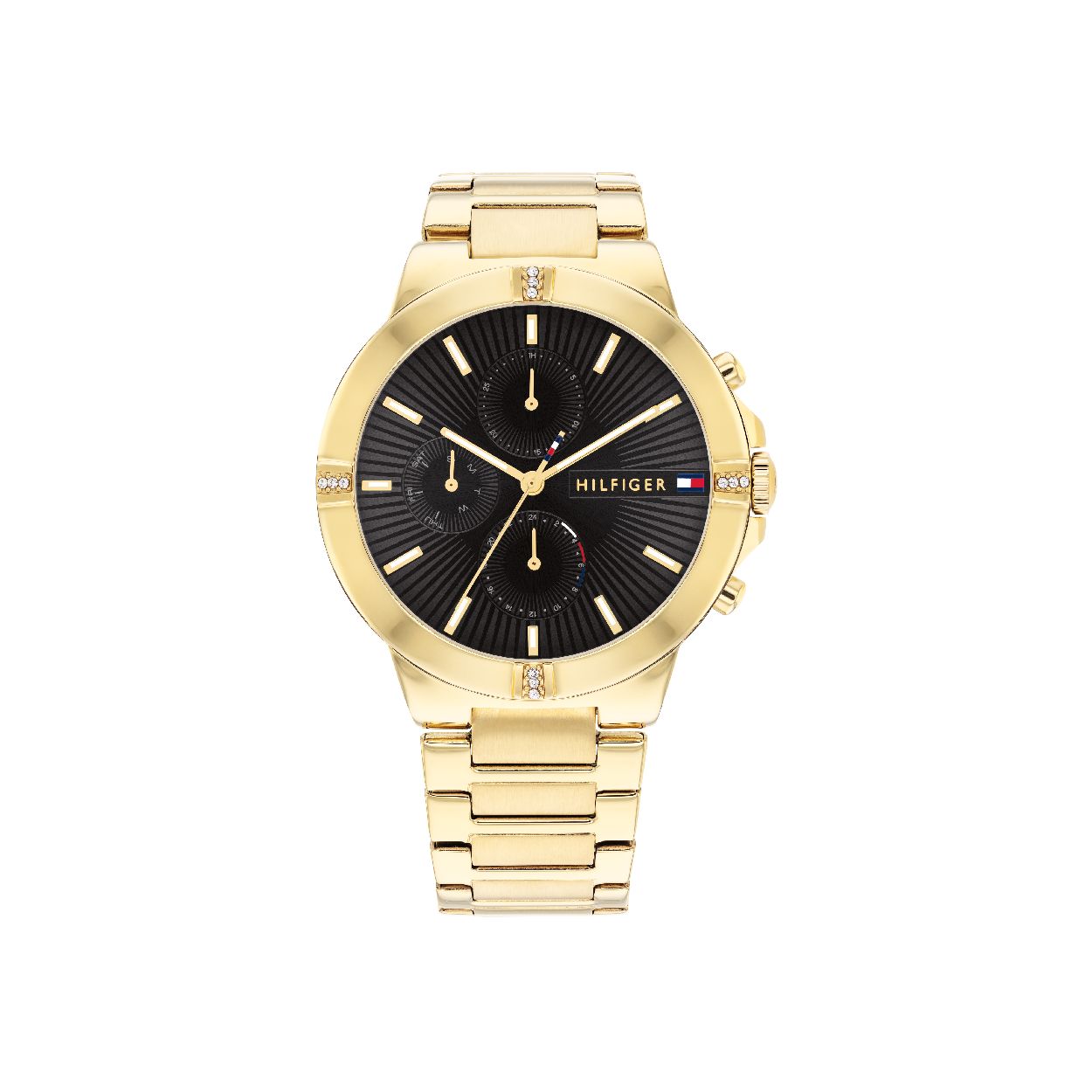 Tommy Hilfiger horloge Talia. De kast heeft een diameter van 38mm. Dit goudkleurige Tommy Hilfiger horloge is sportief met een attitude. De steentjes in de horlogekast geven een elegante draai aan deze sportieve stijl. De horlogeband is goudkleurig en met zijn zwart gekleurde, elegante multifunctionele wijzerplaat is dit horloge een absolute must en maakt iedere look compleet!