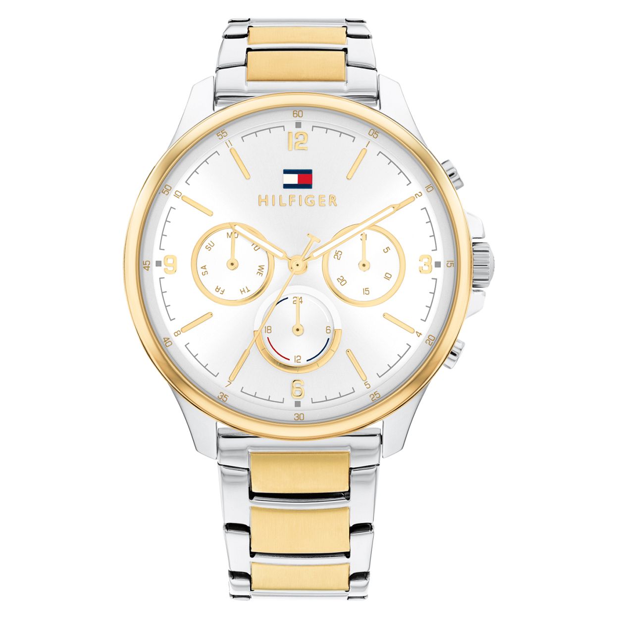 Tommy Hilfiger TH1782451 Horloge Dames Staal Bi-color 38mm
Dit unieke horloge van Tommy Hilfiger met artikelnr: TH1782451 is een casual horloge. Het stalen dameshorloge heeft een ronde bi-color kast met een zilverwitte wijzerplaat met daarop een dag datum en 24-uurs aanduiding. Aan het horloge zit een bi-color stalen schakelband met vouwsluiting. Het stijlvolle horloge heeft een mineraalglas een doorsnee van 38mm en is 3 ATM.   

Het merk: 
Sinds de lancering van het merk in 1985 is Tommy Hilfiger wereldwijd bekend geworden als pionier van de klassieke Amerikaanse coole stijl. Ge�nspireerd door de iconische popcultuur en het Amerikaanse erfgoed. De dames en herencollectie van dit seizoen bestaan uit minimalistische silhouetten en rustieke lederen details. De herenhorlogecollectie biedt iconische uurwerken met roestvrijstalen lederen en siliconen banden.

Specificaties:
- Mineraalglas
- Ronde kast 38mm
- Stalen bi-color horlogekast
- Zilverwitte wijzerplaat
- Bi-color schakelband
- 3 ATM
